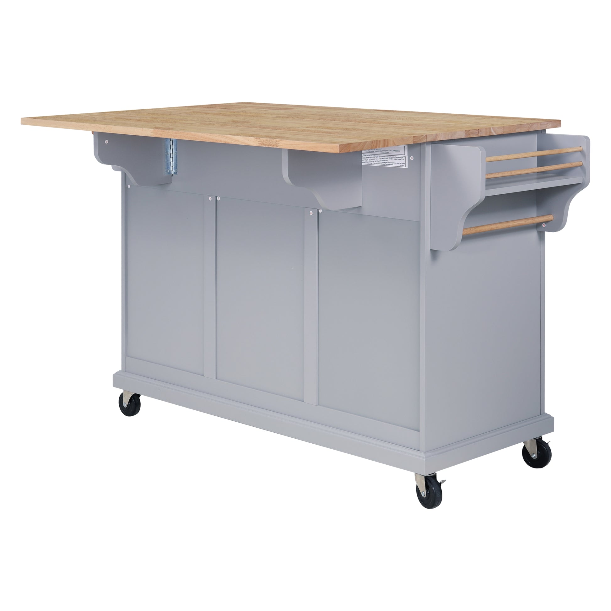 Gray kitchen island cart with butcher block top and drop leaf extension