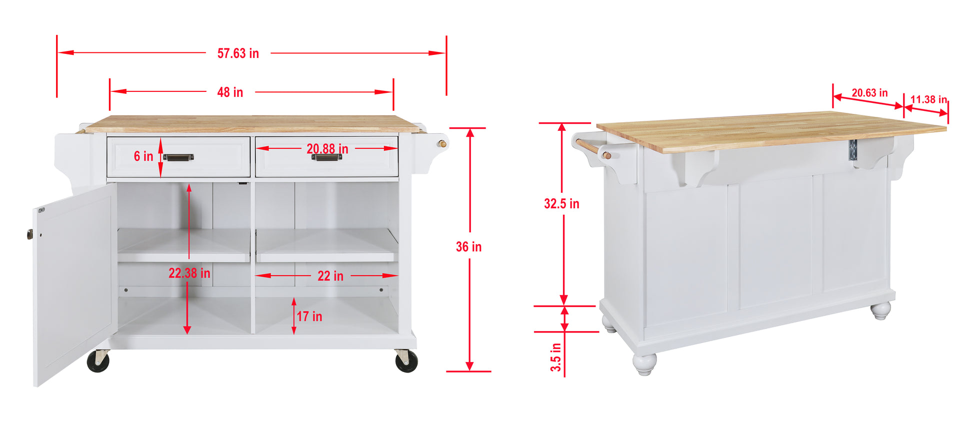 White kitchen island cart with butcher block top and storage