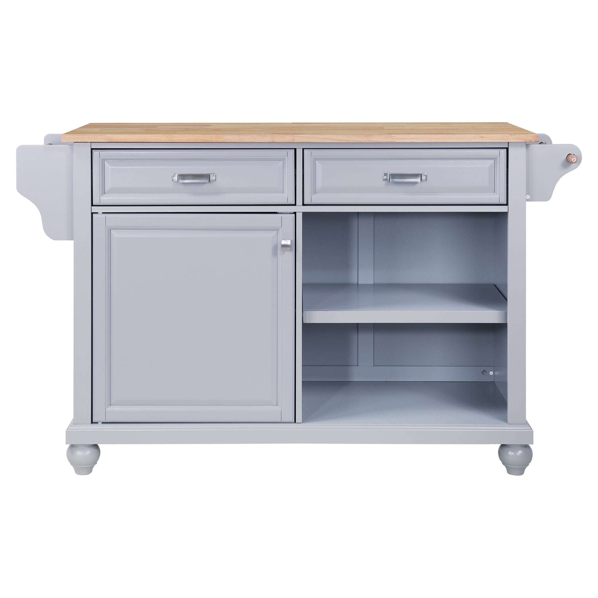 Grey kitchen island with butcher block top two drawers and cabinet