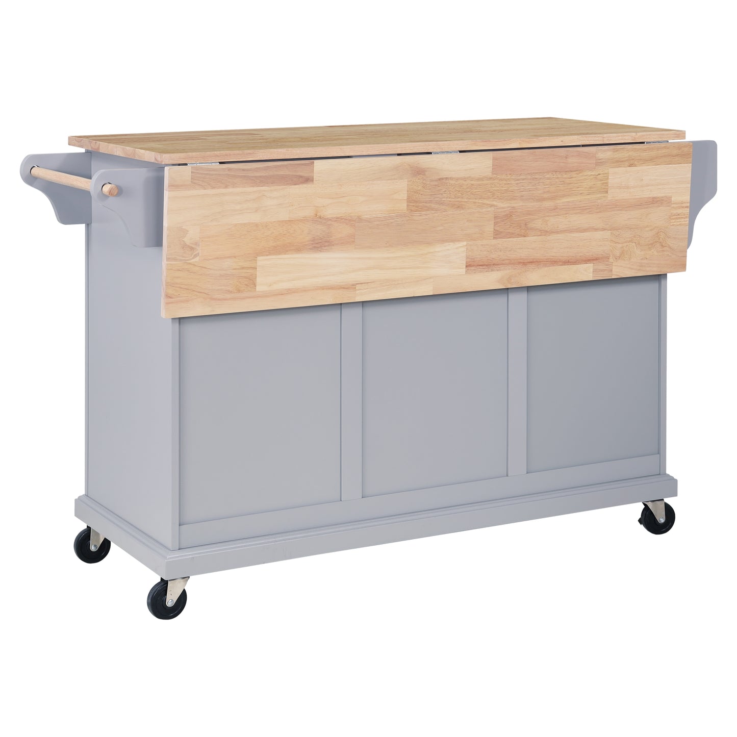 Grey kitchen island cart with drop leaf butcher block top and towel bar