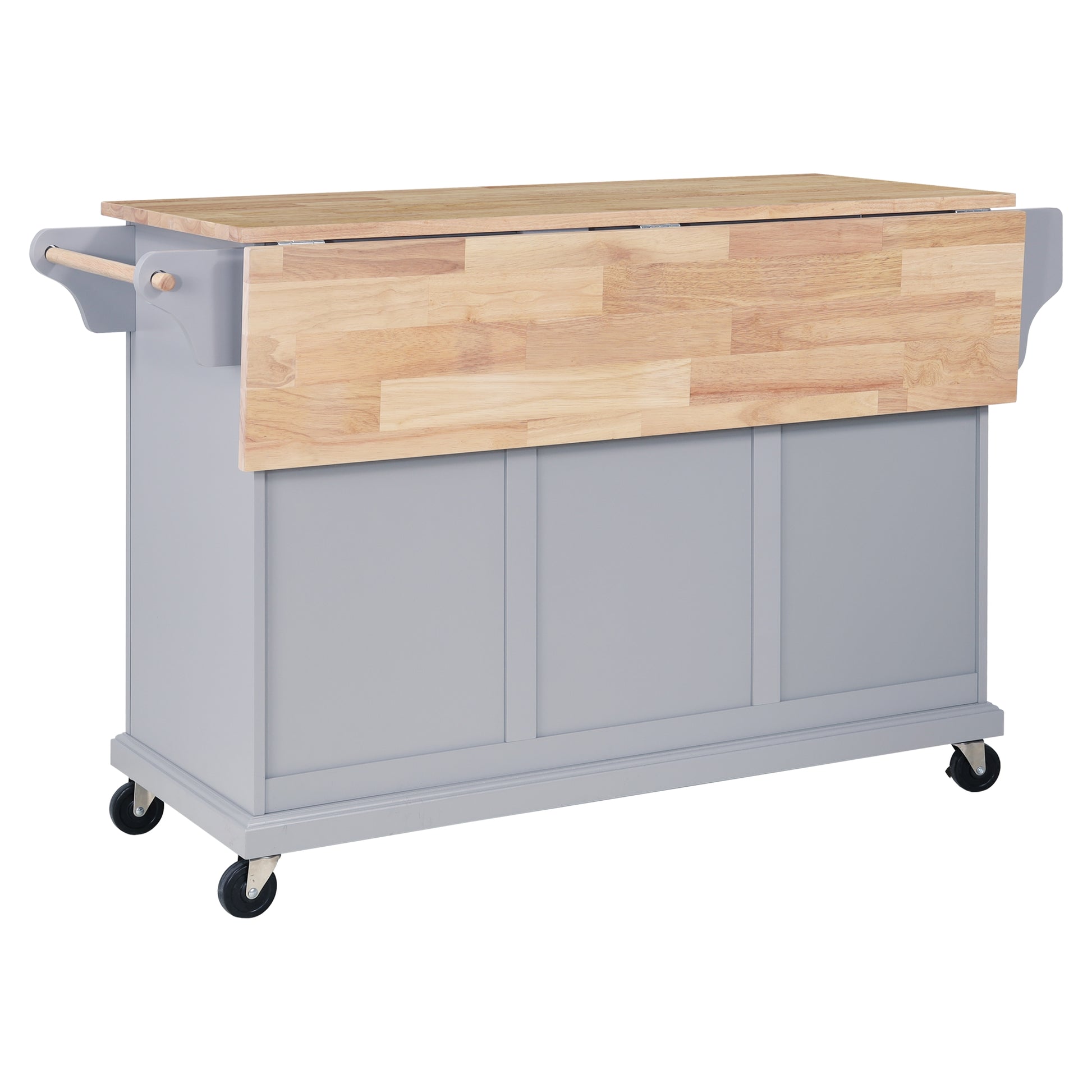 Grey kitchen island cart with drop leaf butcher block top and towel bar