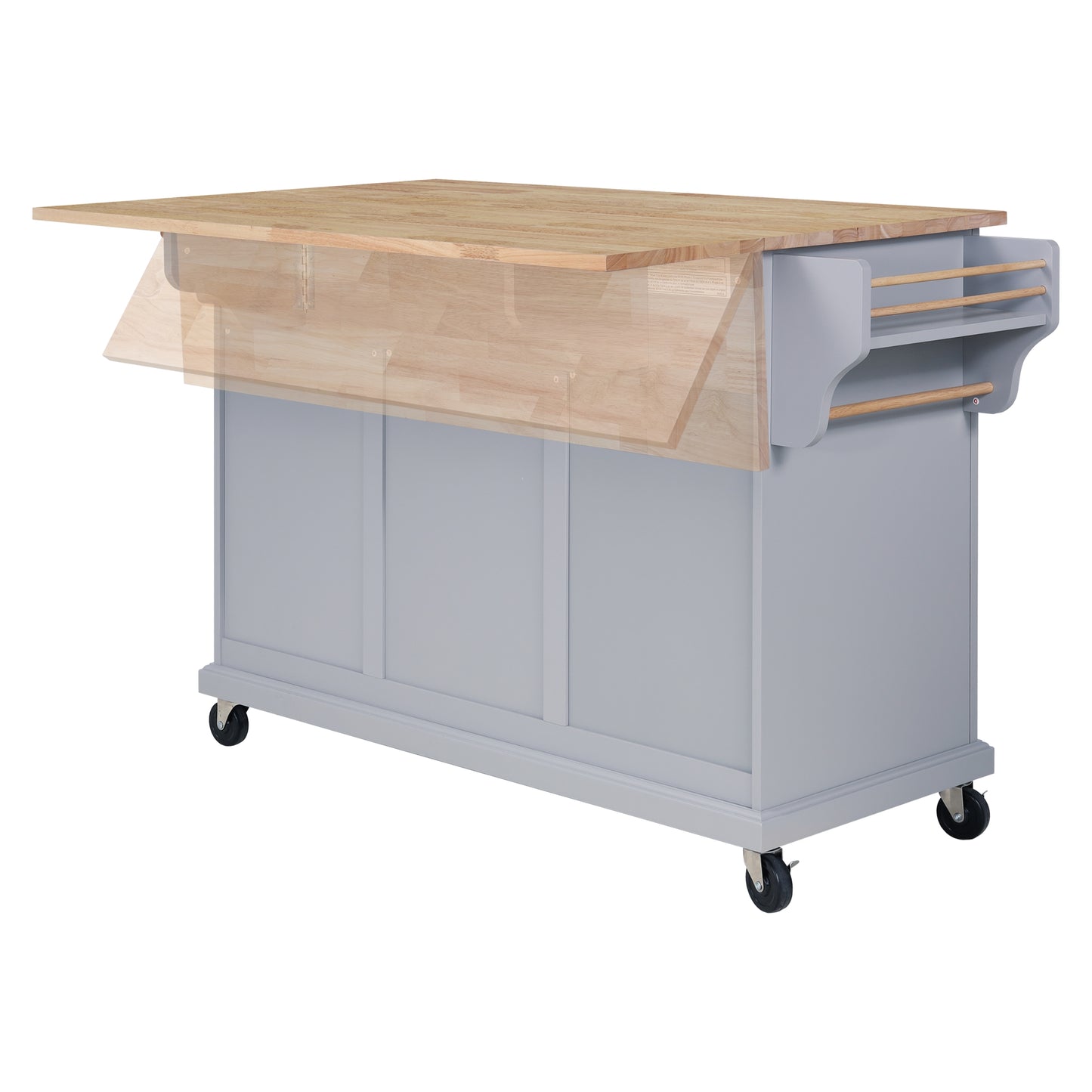 Gray kitchen cart with butcher block drop leaf countertop