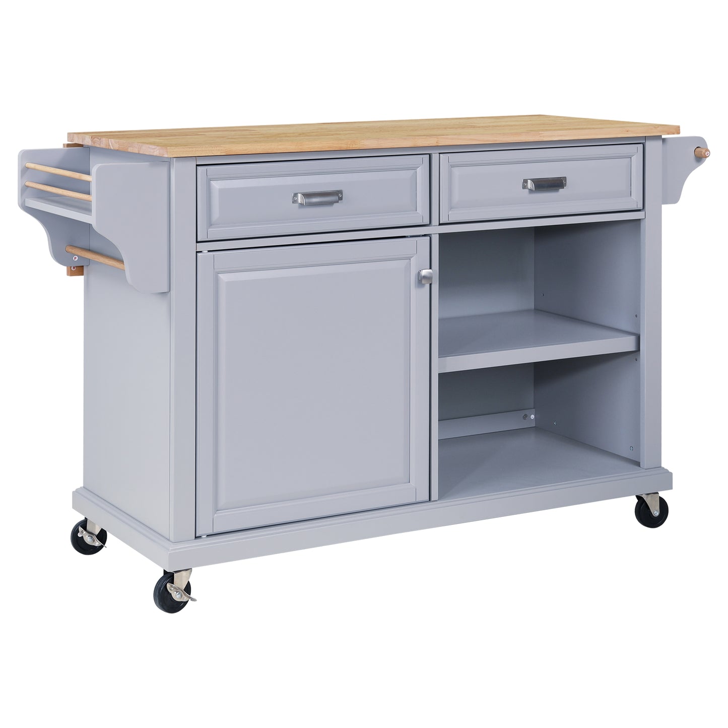 Gray kitchen island cart with butcher block top and two drawers