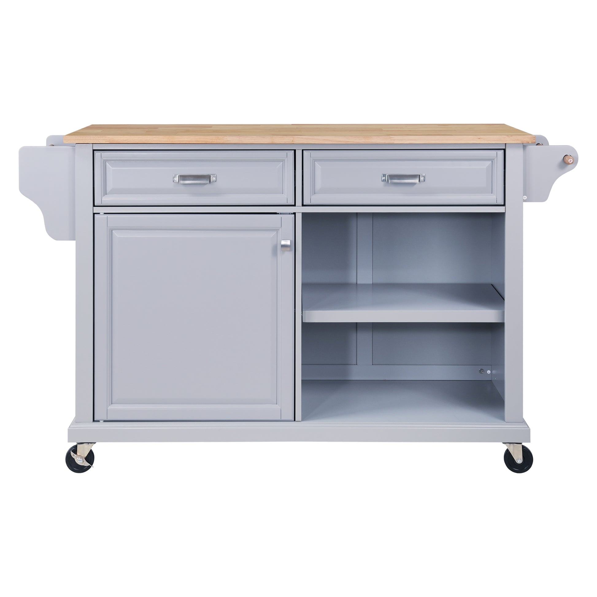 Gray kitchen island cart with butcher block top two drawers and cabinet storage