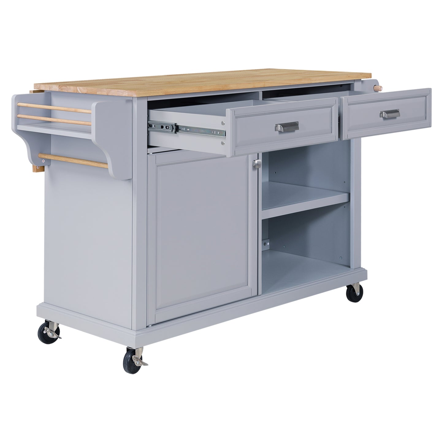 Gray kitchen island cart with butcher block top and open drawers