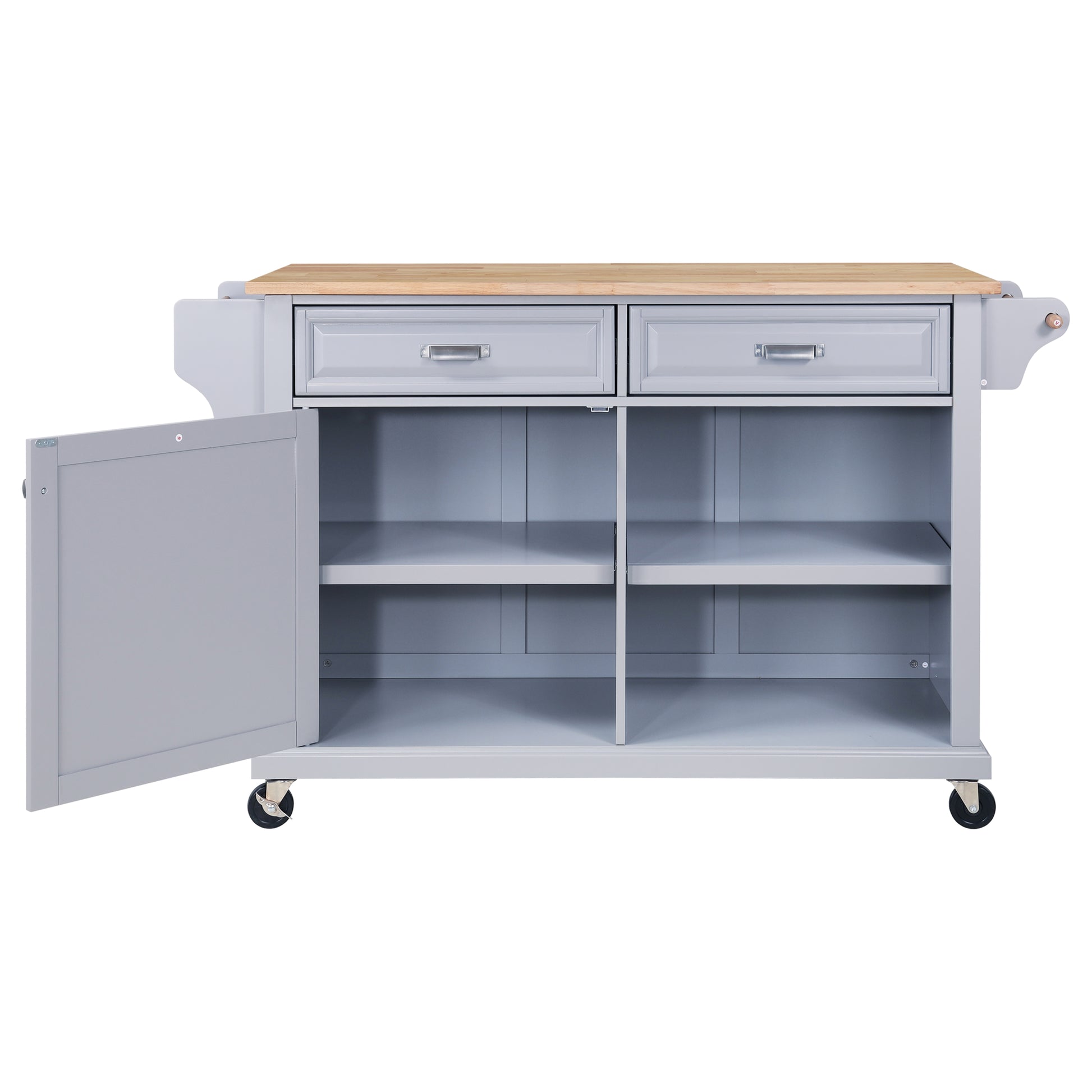 Gray kitchen island cart with butcher block top and open storage