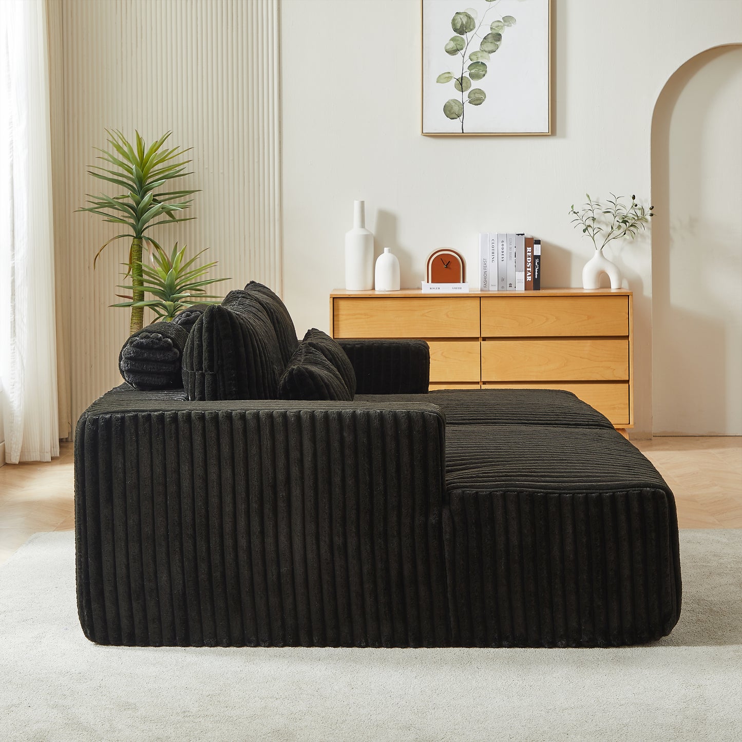 Deep charcoal corduroy sectional sofa with plush accent pillows modern design for living rooms