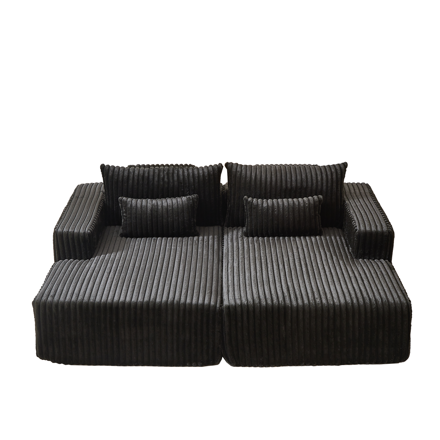 Modern black corduroy sectional sofa with plush cushioning and textured details