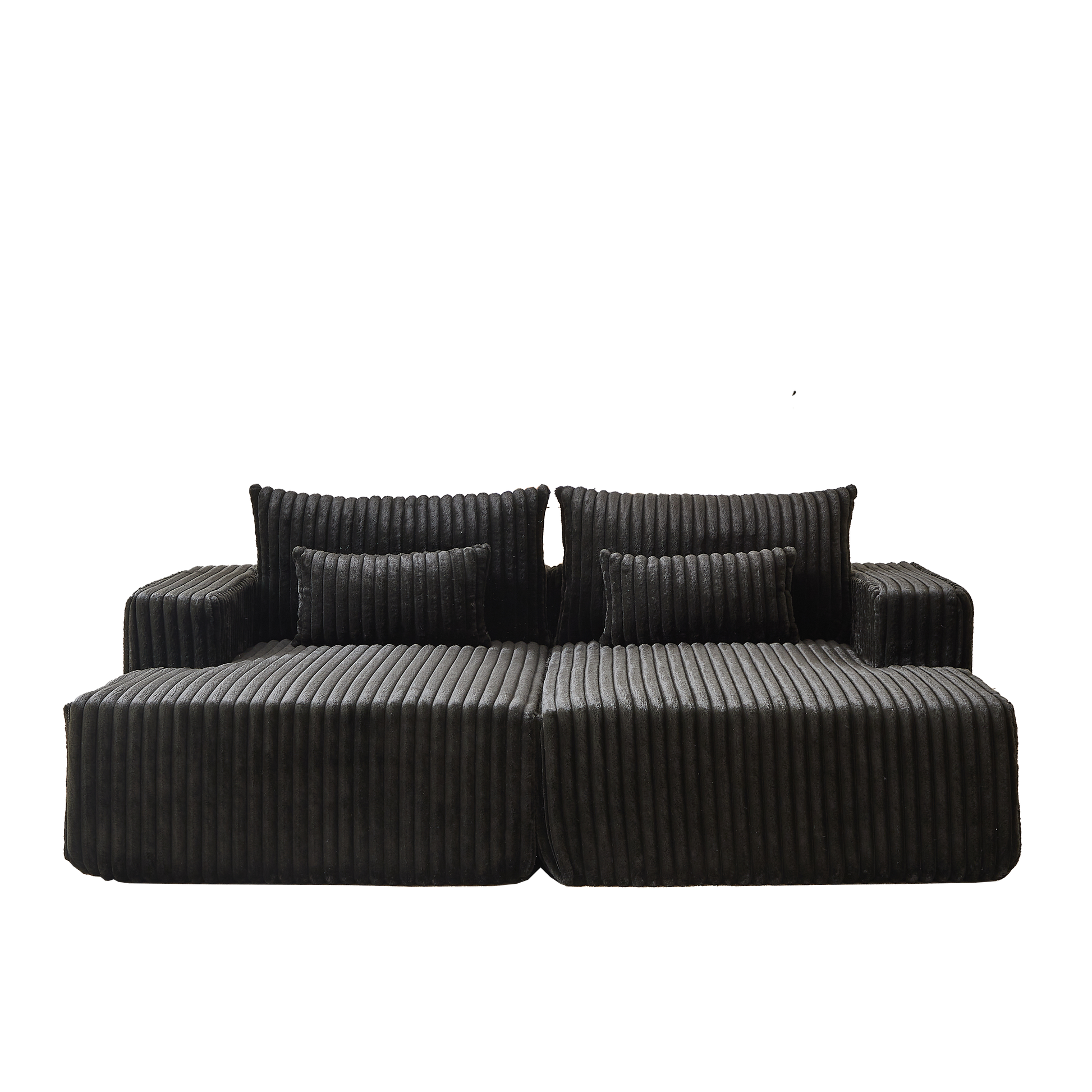 Plush black corduroy sectional sofa with deep seating and lumbar pillows perfect for modern living rooms