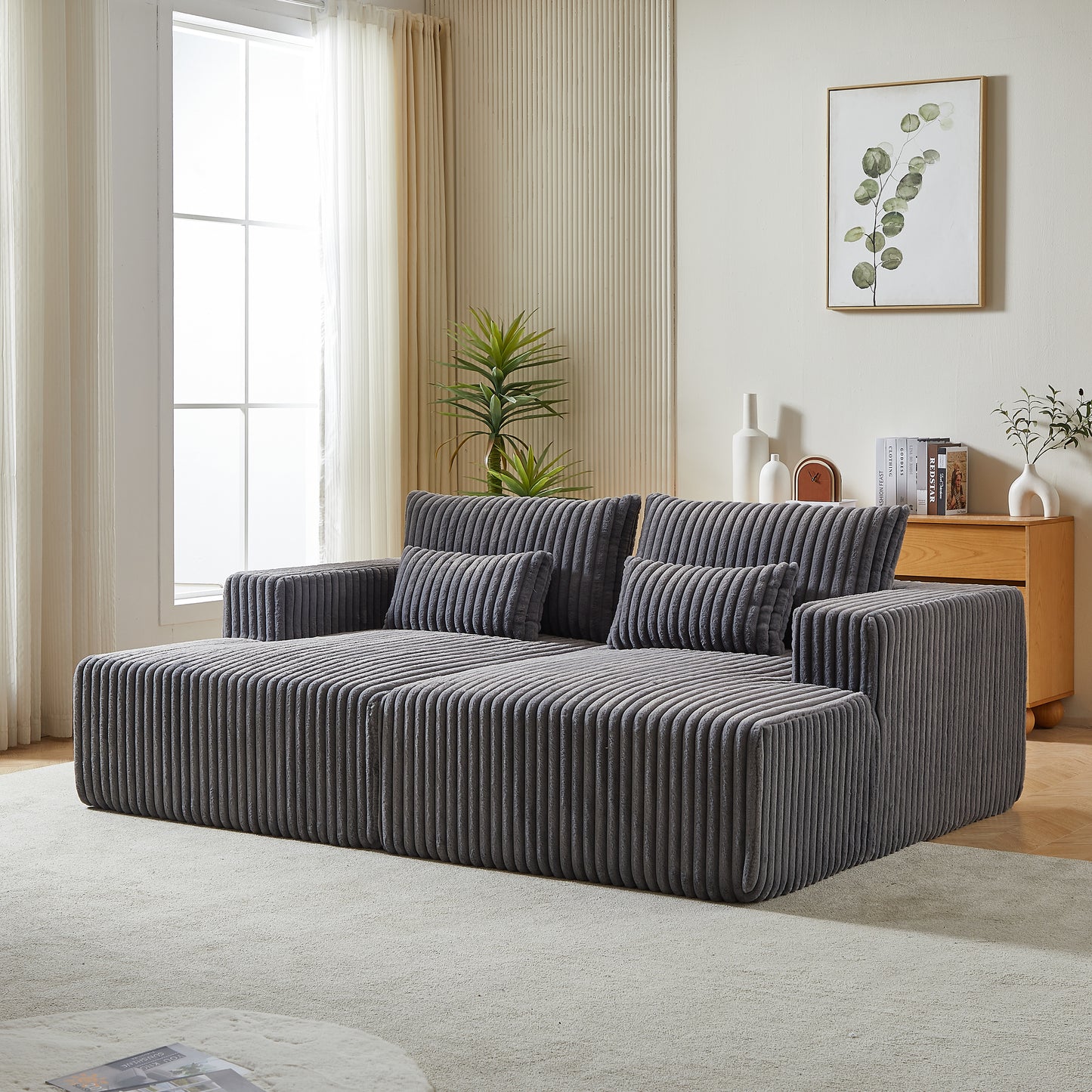 Gray corduroy sectional sofa with plush pillows for modern living rooms