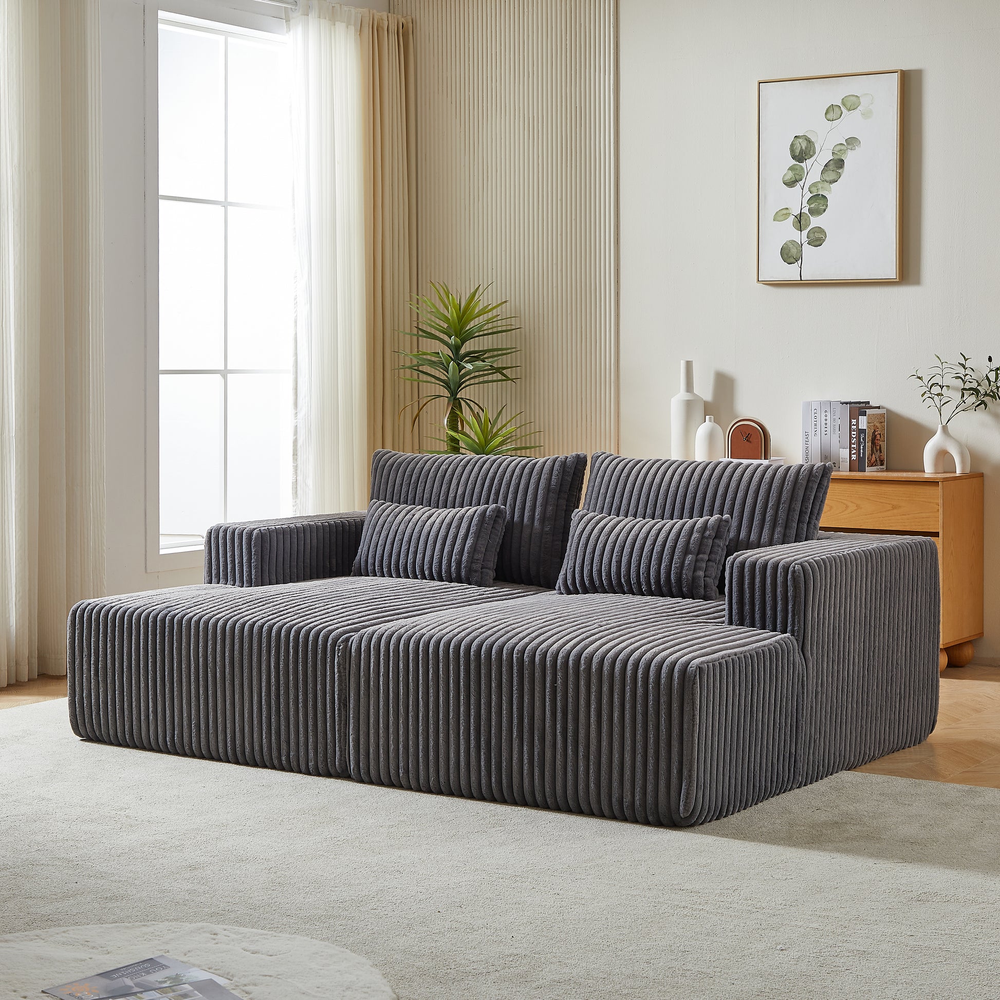 Gray corduroy sectional sofa with plush pillows for modern living rooms