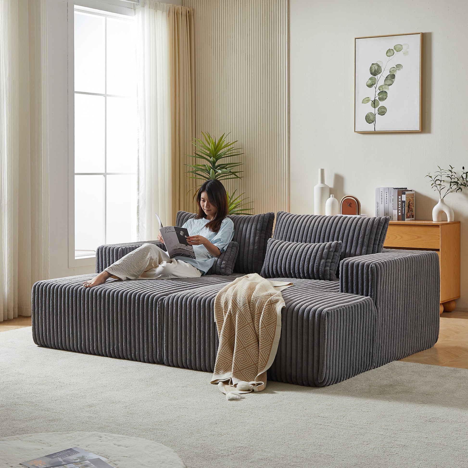 Plush corduroy sectional sofa in charcoal gray perfect for a cozy living room