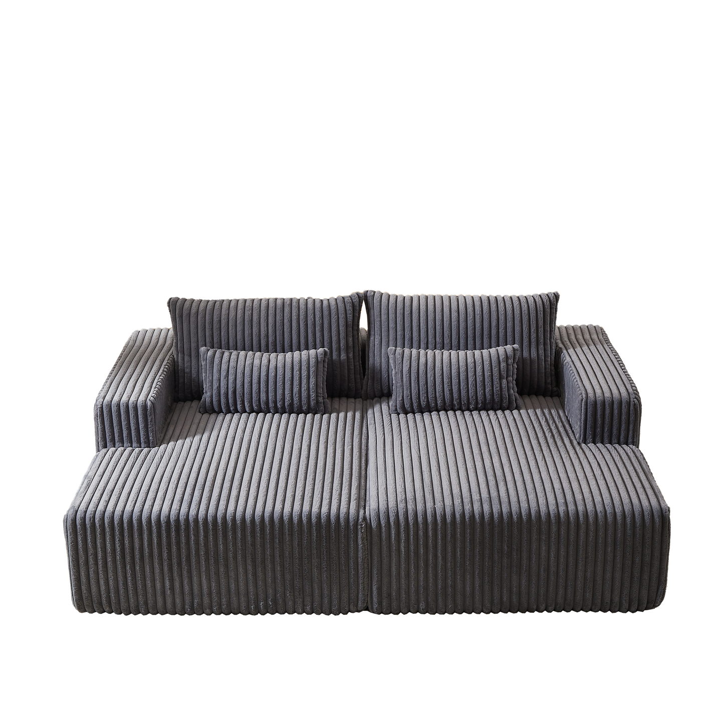 Plush grey corduroy sofa with plush cushions perfect for modern living rooms
