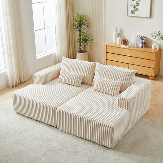 Beige corduroy modular sofa with plush cushions perfect for a living room