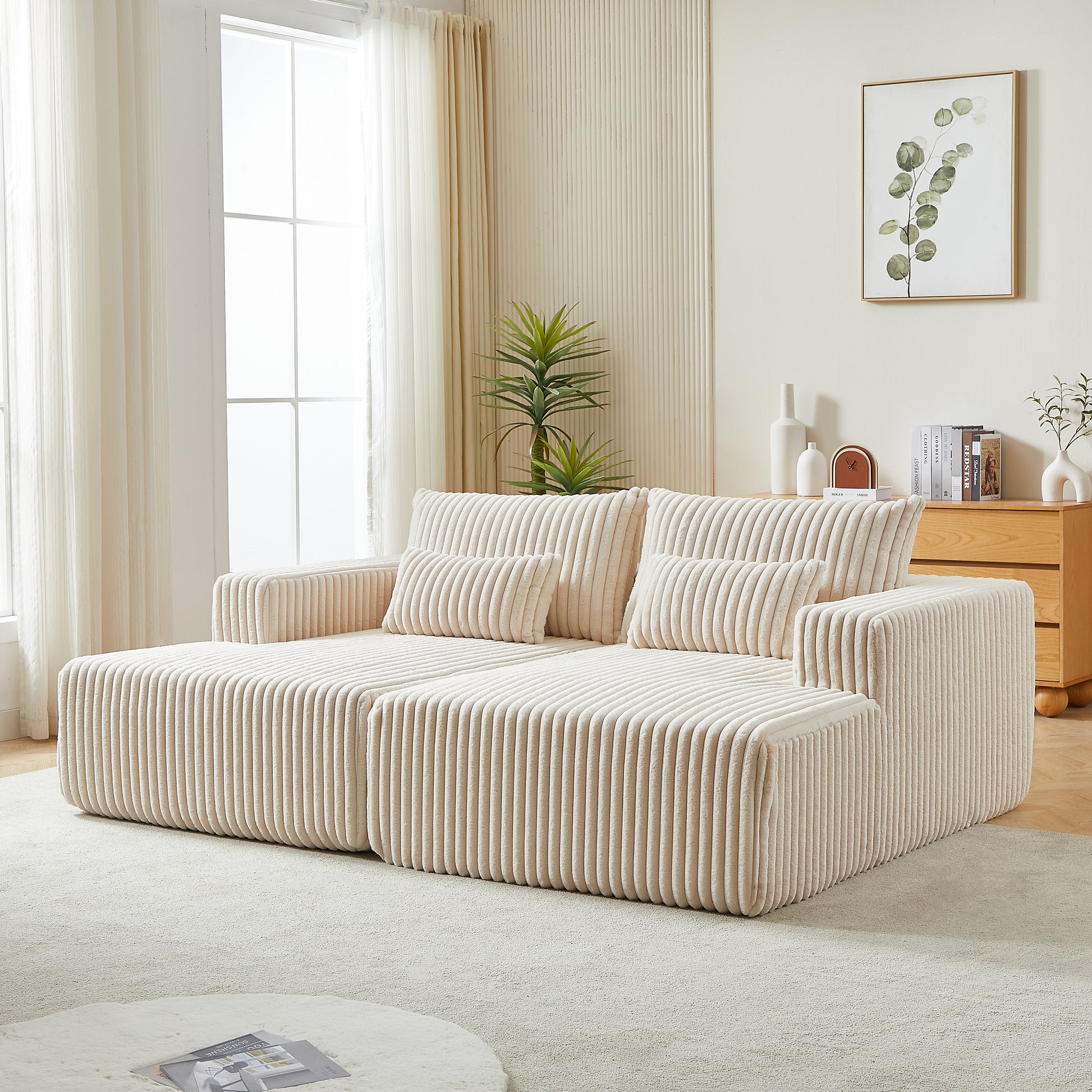 Plush corduroy sectional sofa in cream with deep seating and textured cushions for modern living rooms