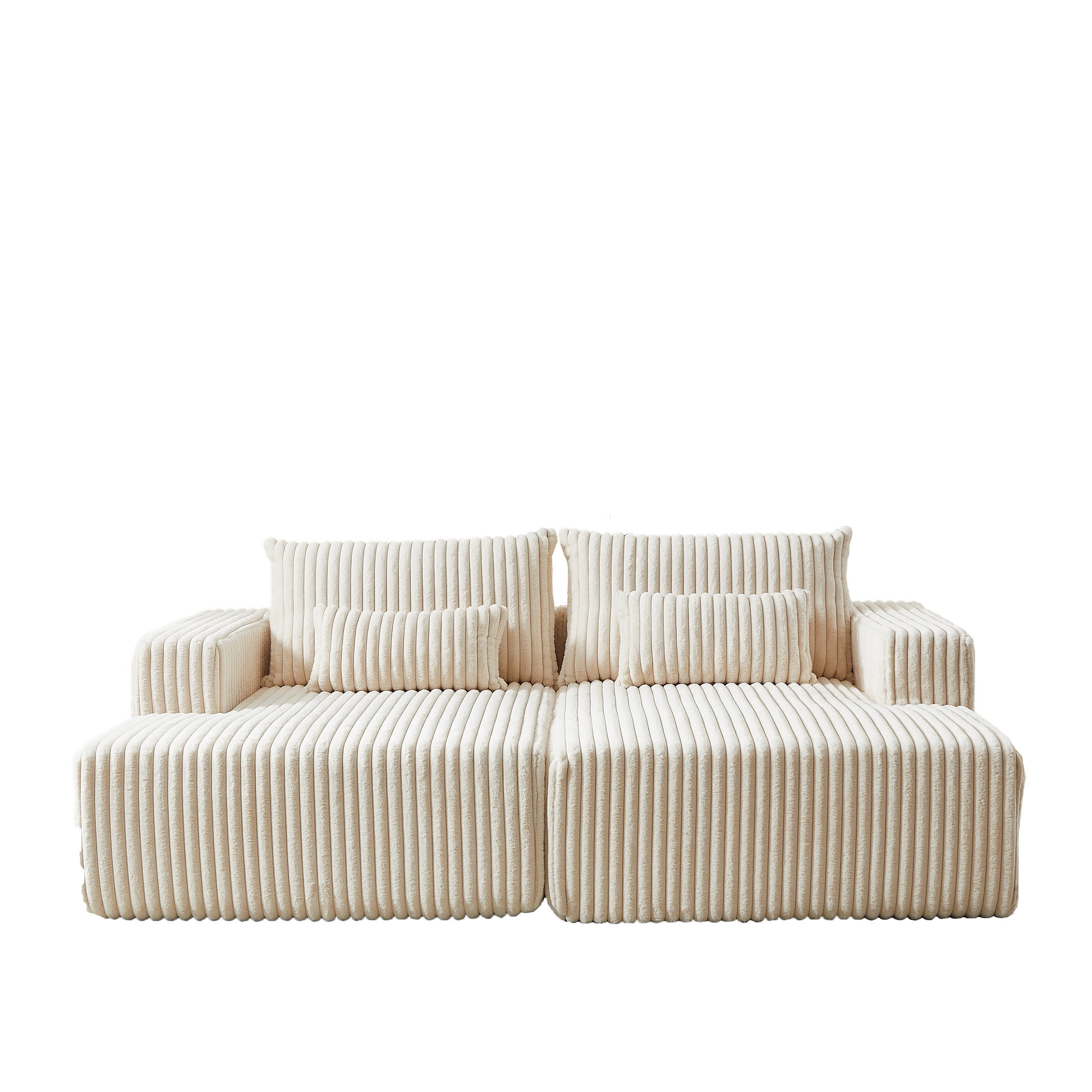 Cream corduroy modular sectional sofa with plush deep seating and matching throw pillows