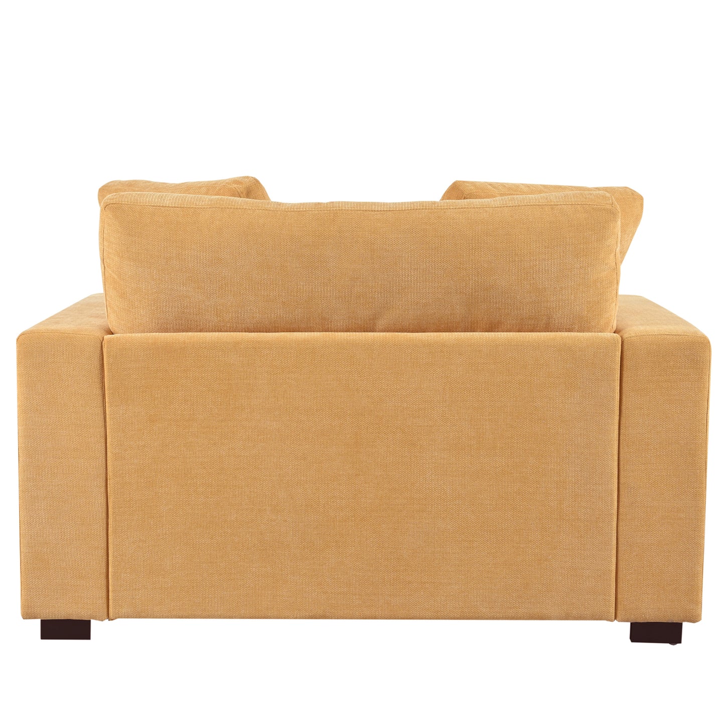 Back view of a plush mustardyellow loveseat with generous cushions