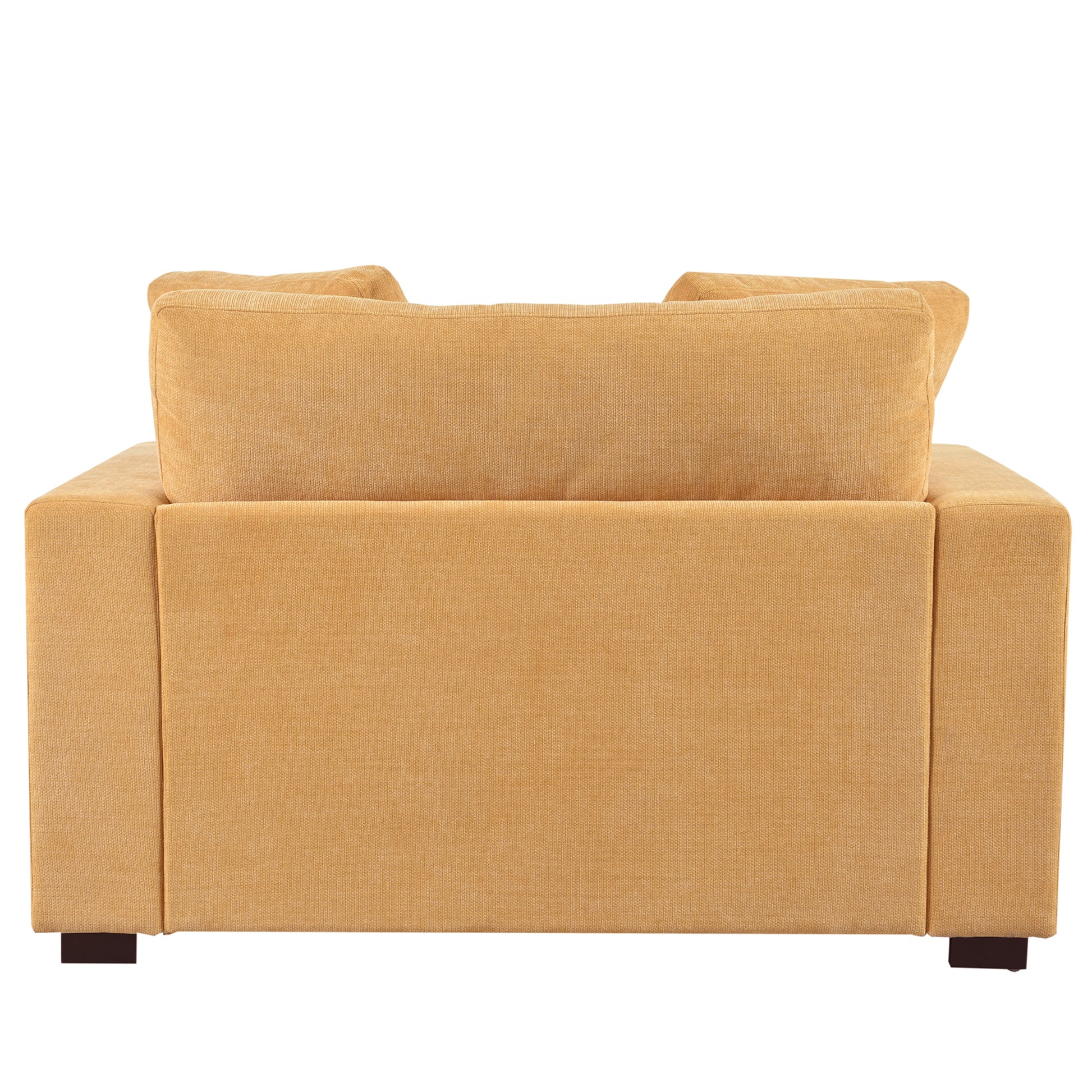 Back view of a plush mustardyellow loveseat with generous cushions
