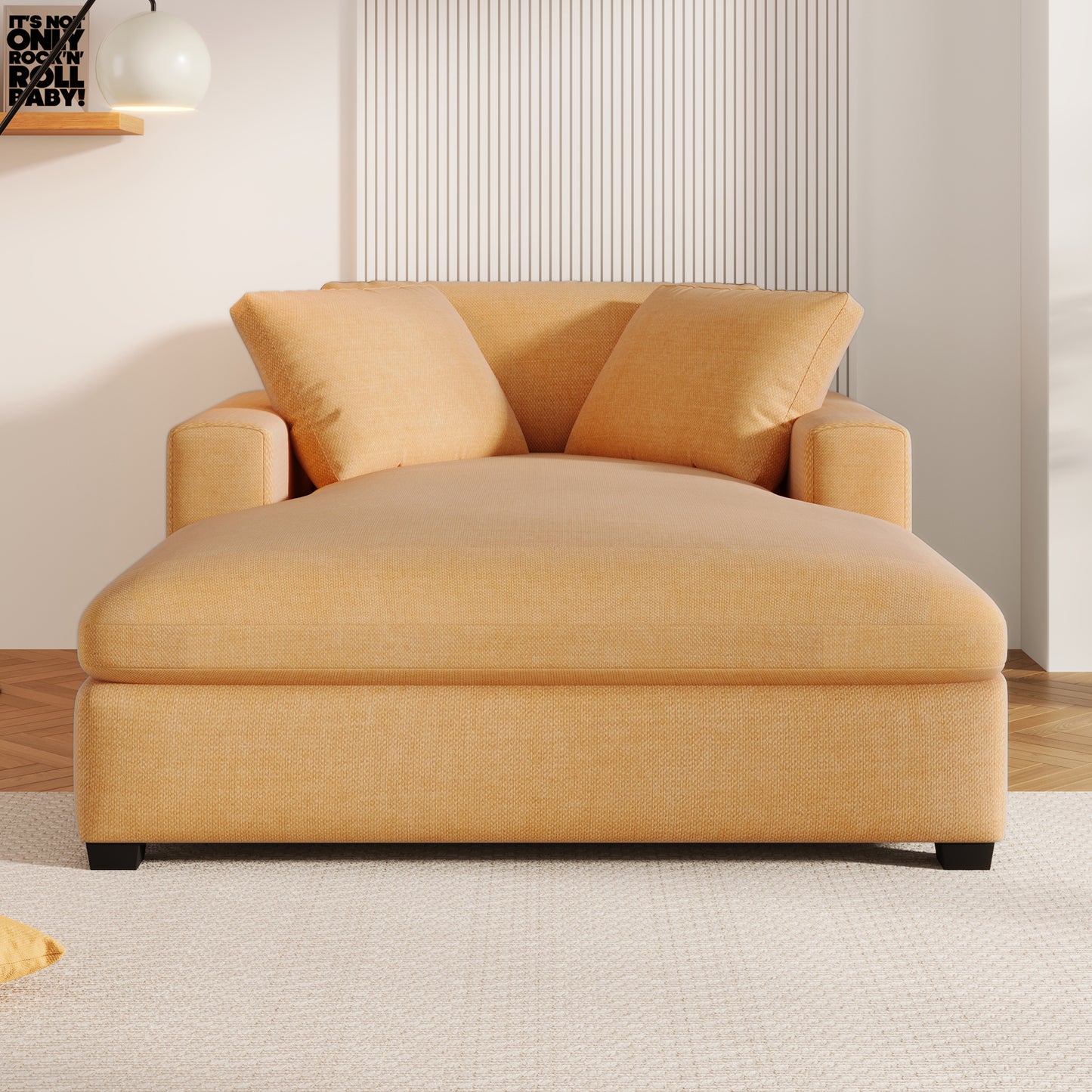 Orange fabric chaise lounge with two loose cushions perfect for a living room accent piece