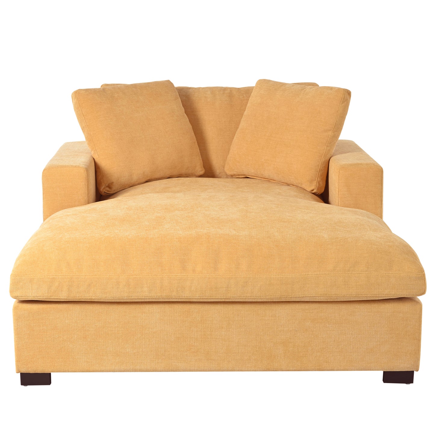 Orange fabric chaise lounge with two plush back cushions and square wooden feet