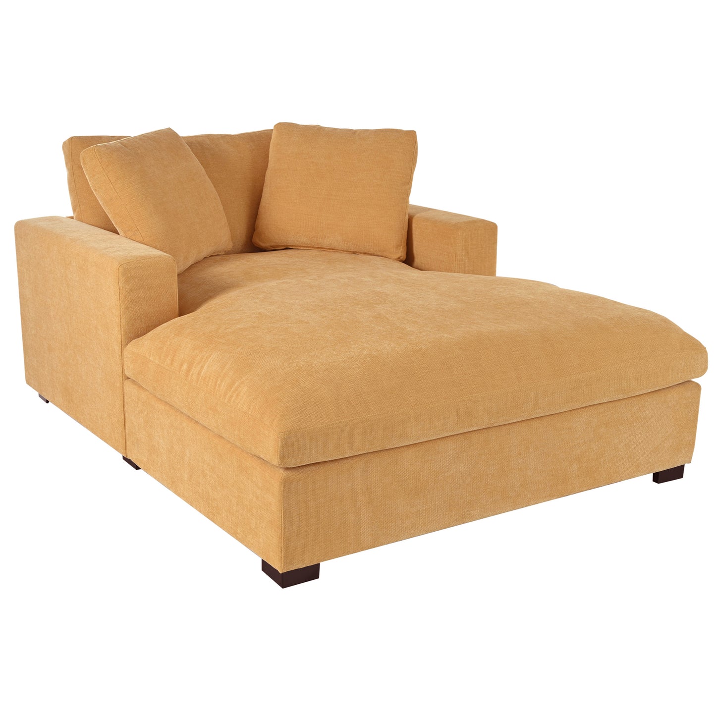 Luxurious gold velvet chaise lounge with plush back cushions perfect for a modern living room