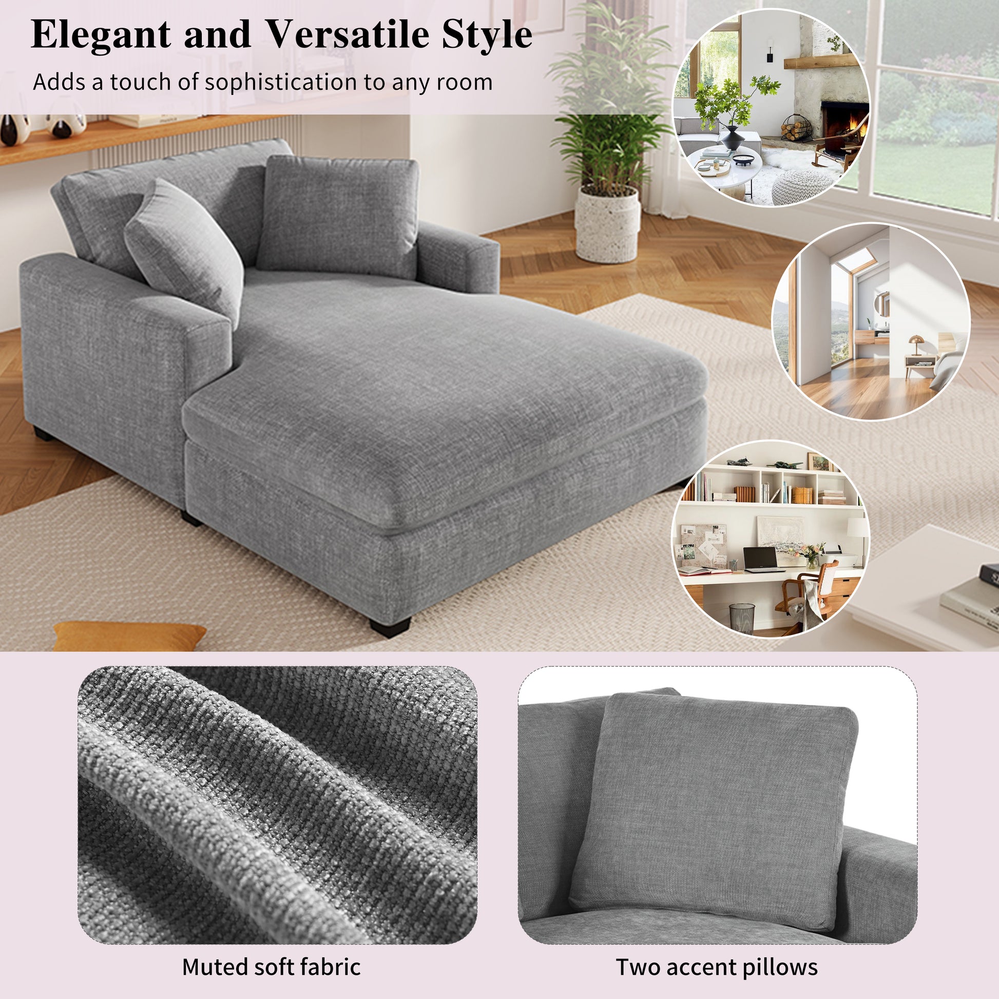Gray fabric sectional chaise lounge with two accent pillows