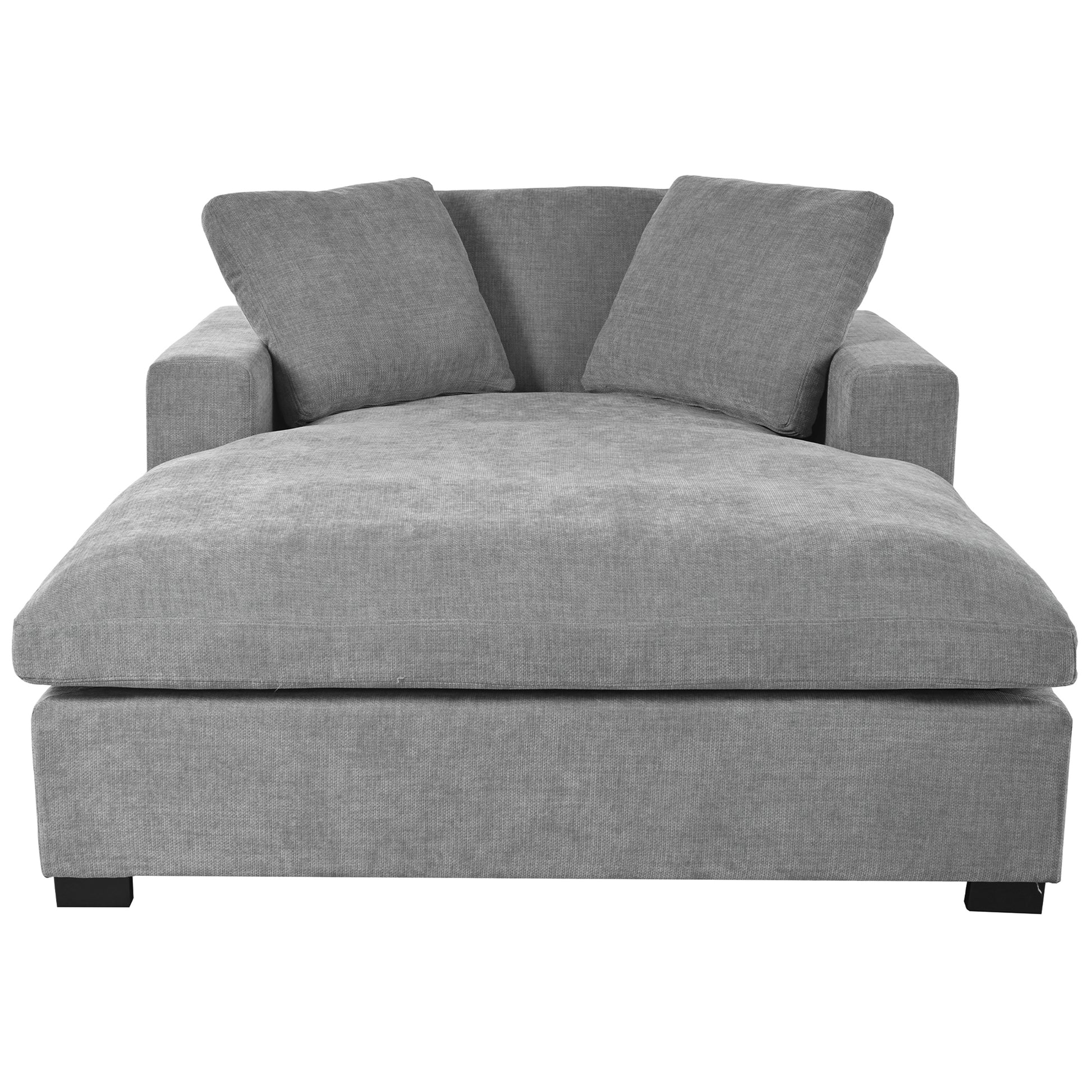 Grey fabric chaise lounge with two plush back pillows and square arms
