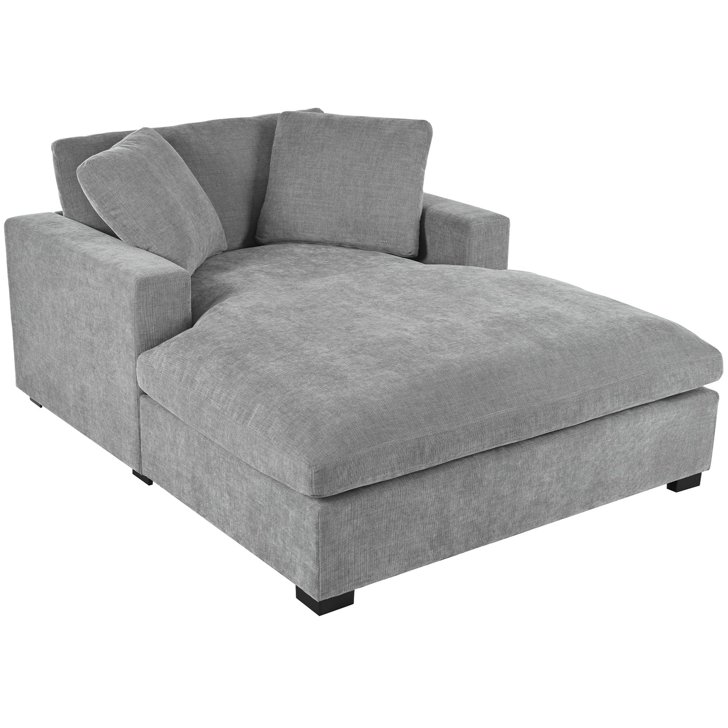 Plush grey fabric sectional chaise lounge with clean lines and modern black feet perfect for relaxation