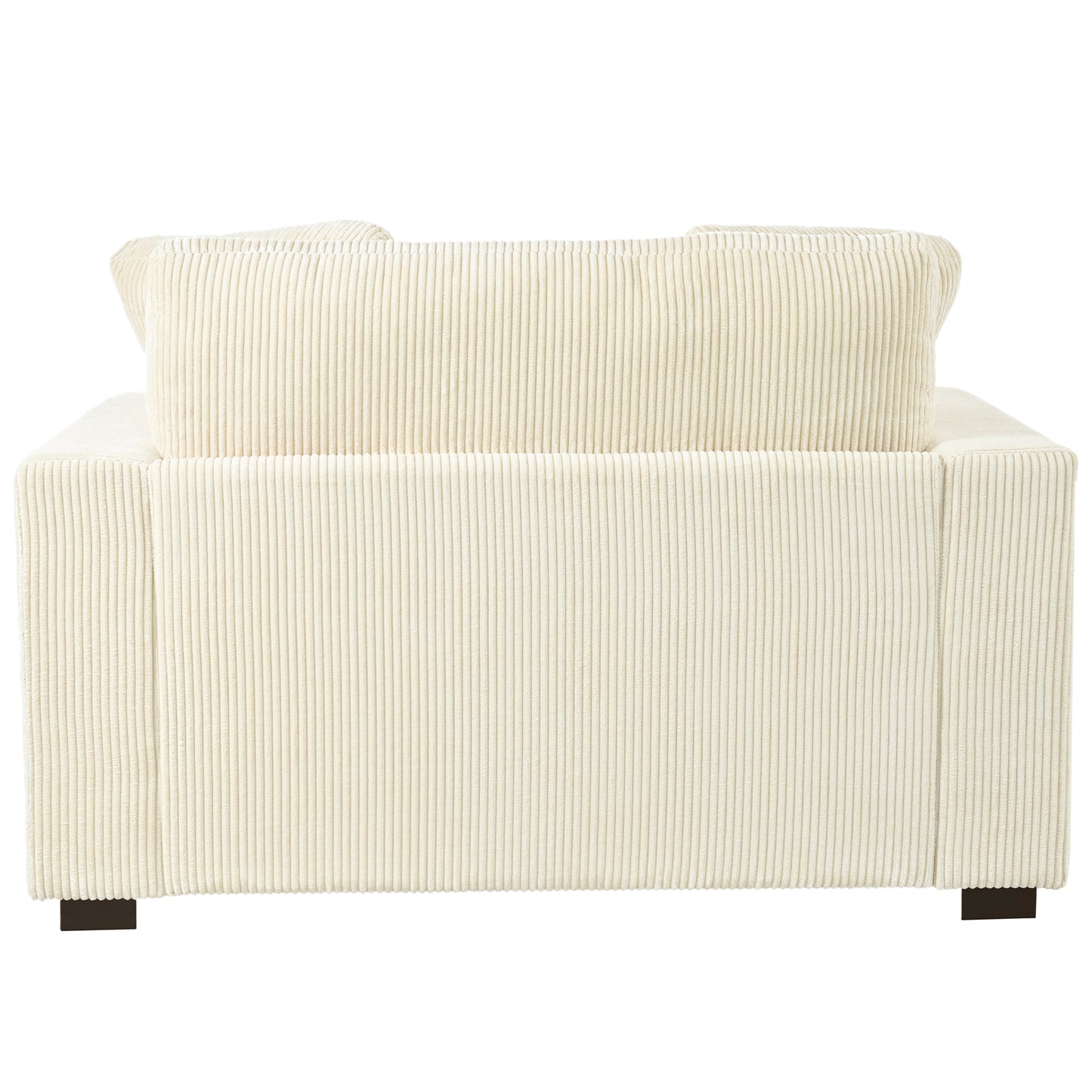 Cream corduroy sofa with plush back cushions and dark square feet