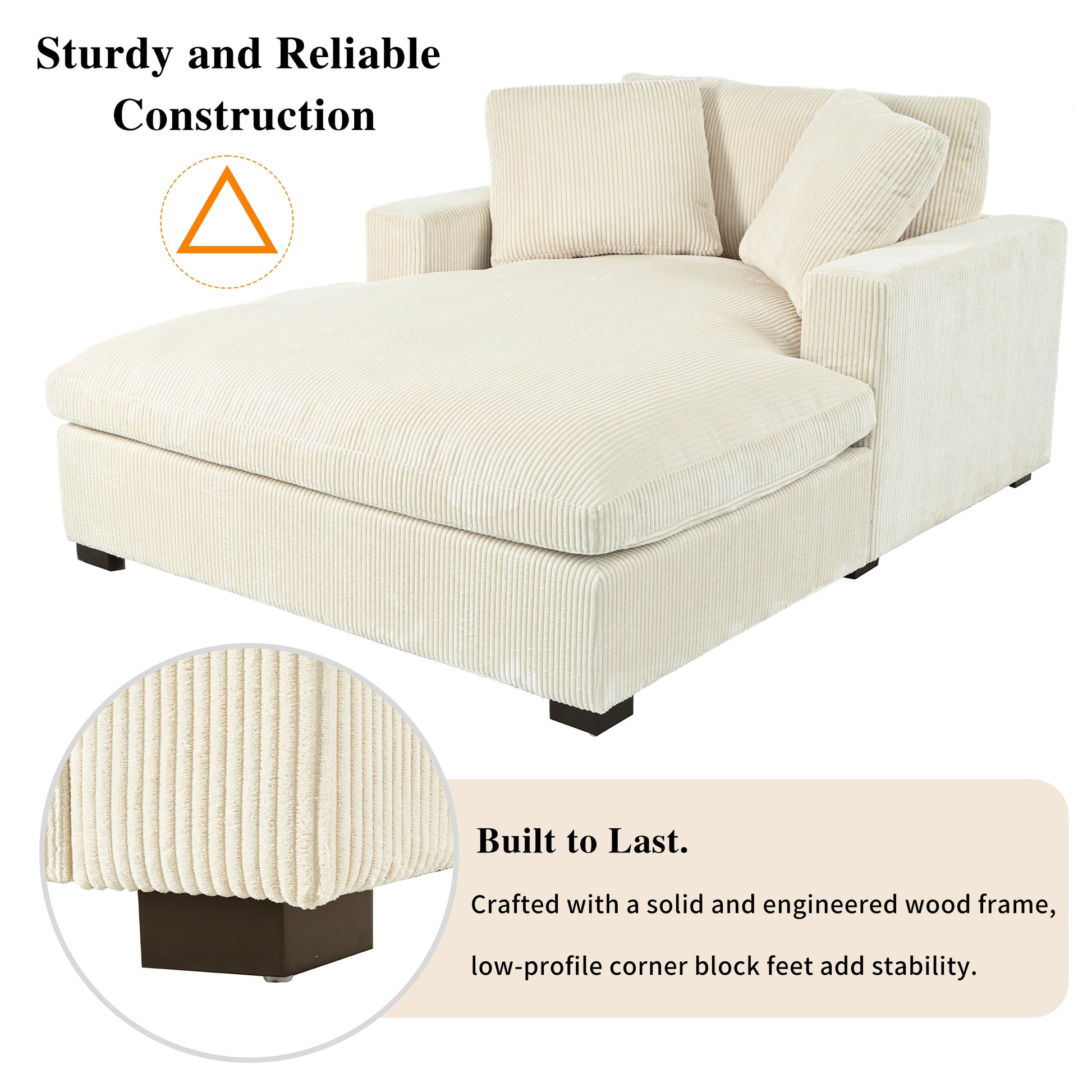 Cream corduroy chaise lounge with plush cushions and dark wood feet