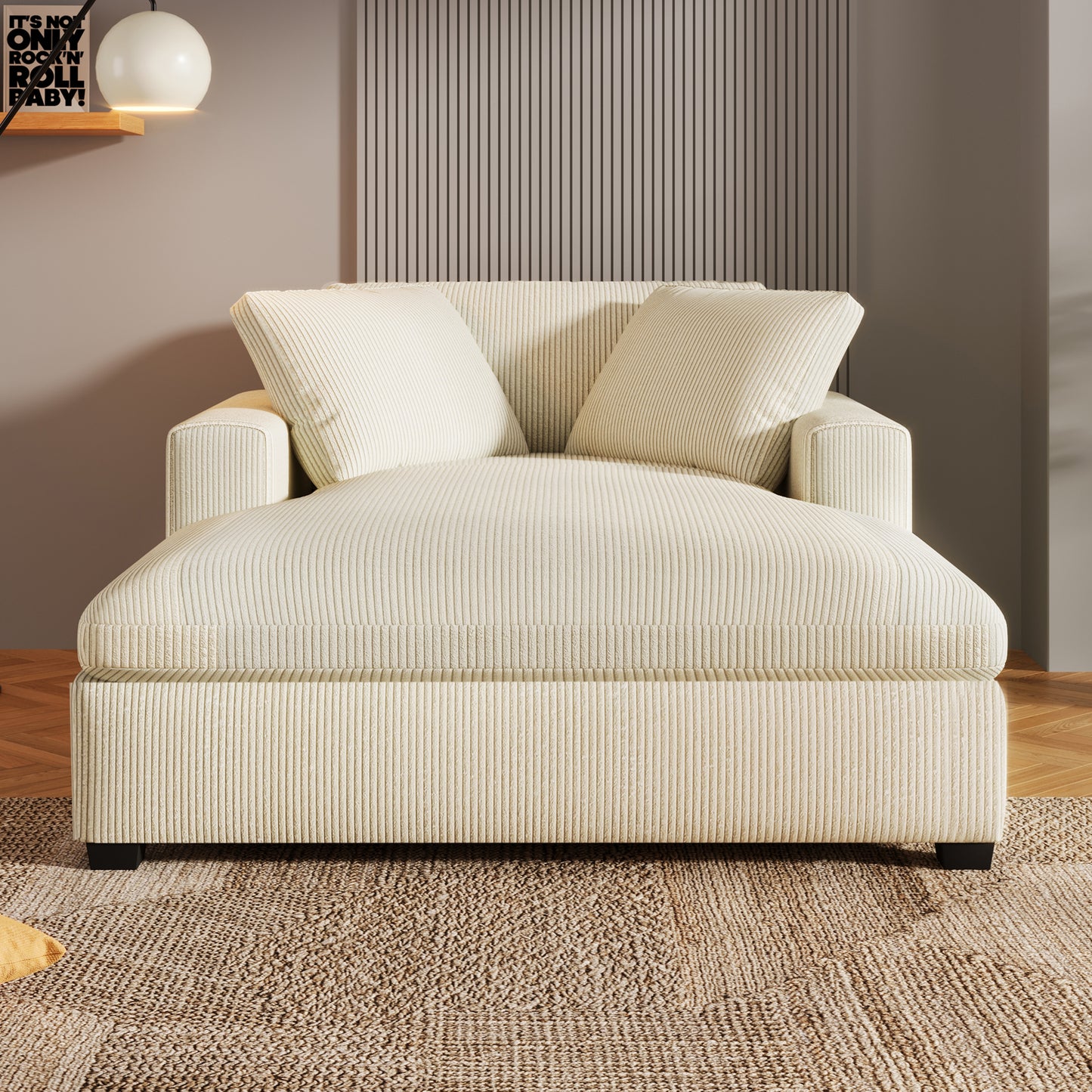 Cream corduroy chaise lounge with plush cushions on textured rug