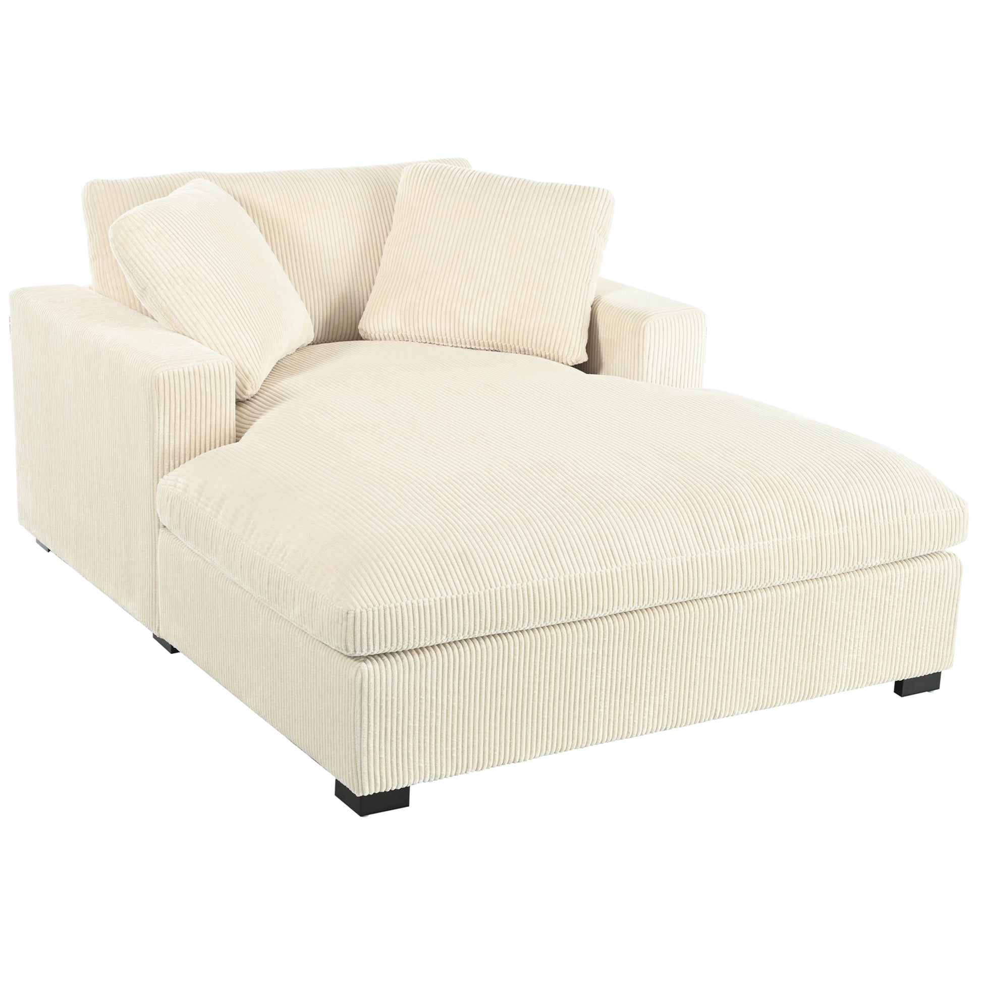 Cream corduroy chaise lounge with two plush cushions perfect for relaxing