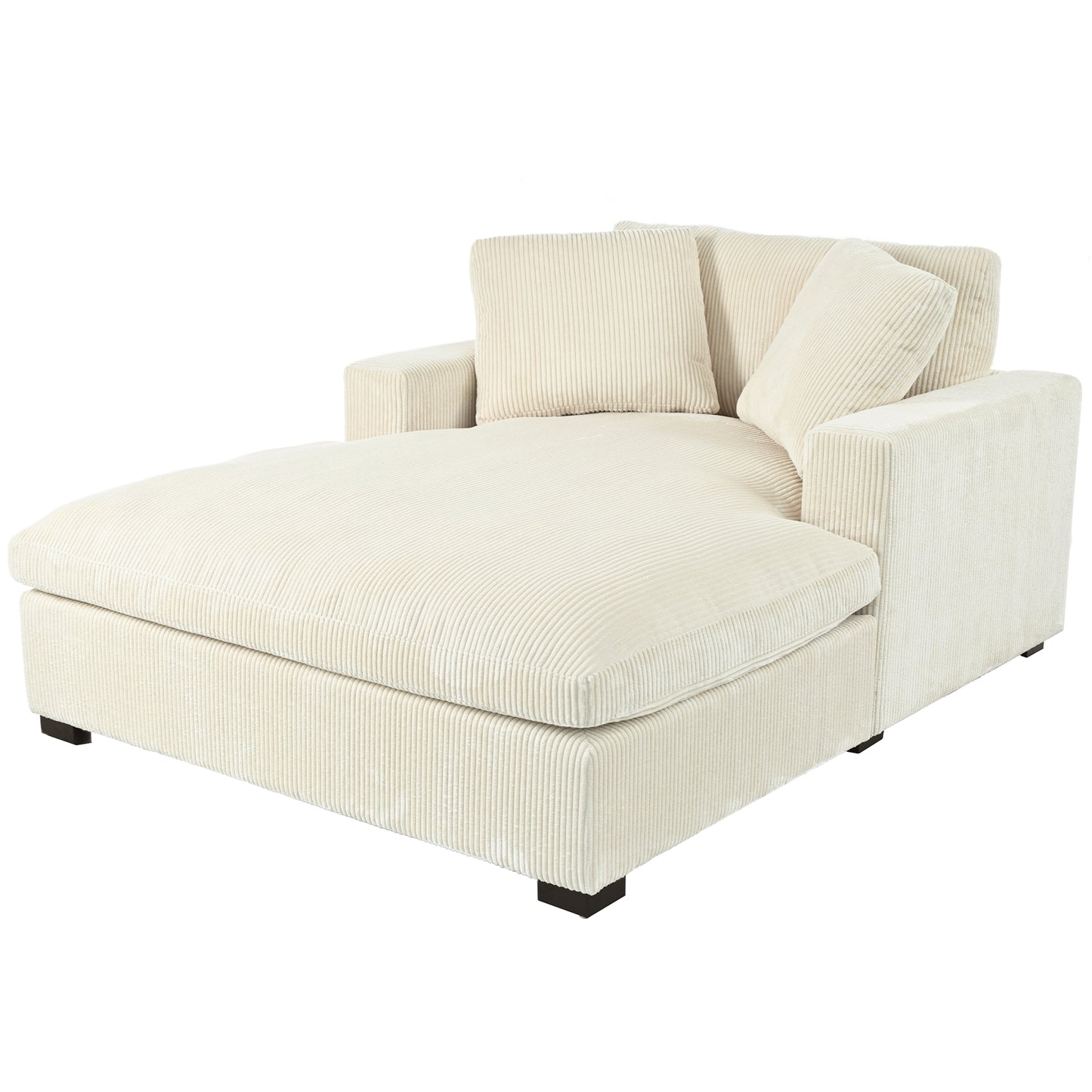 Cream corduroy chaise lounge with two plush back pillows and a square armrest