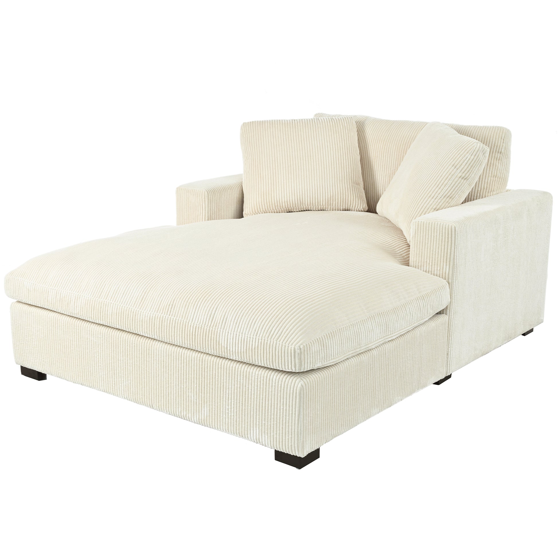 Cream corduroy chaise lounge with two plush back pillows and a square armrest