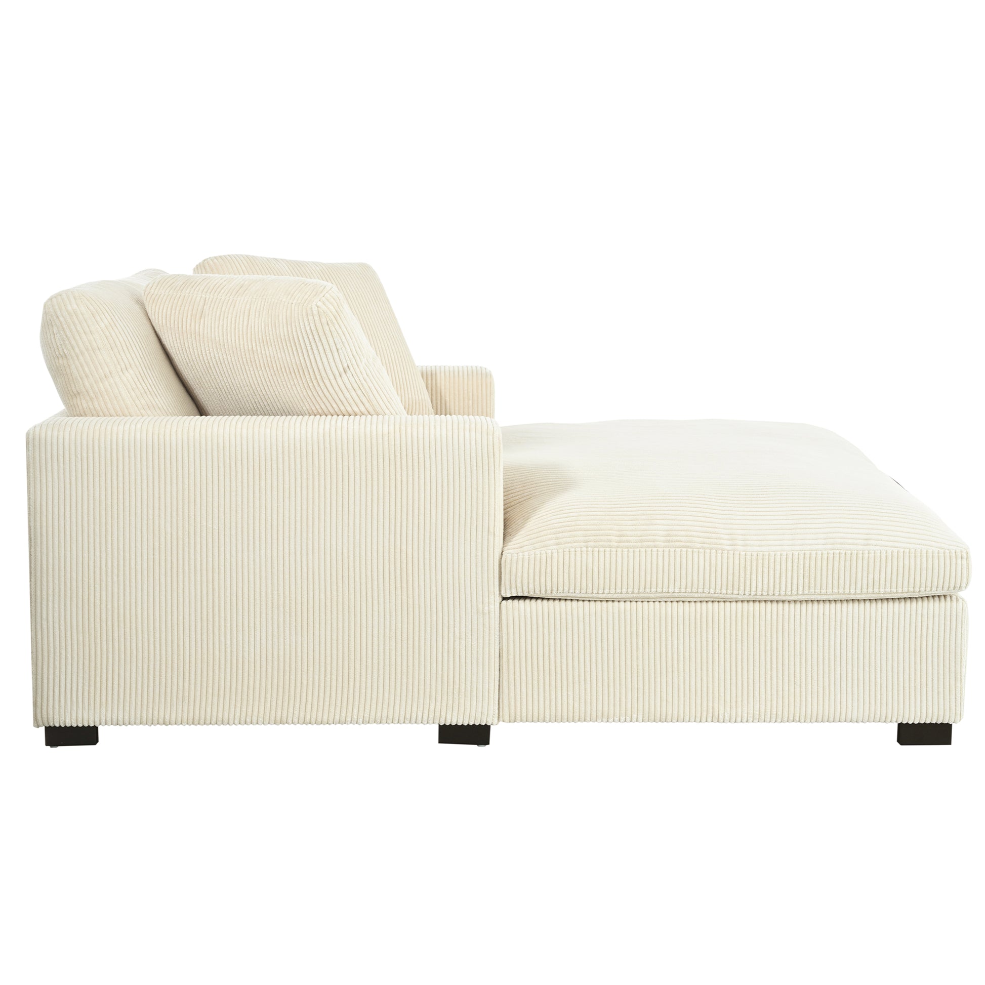 Cream corduroy chaise lounge sofa with plush cushions and dark legs