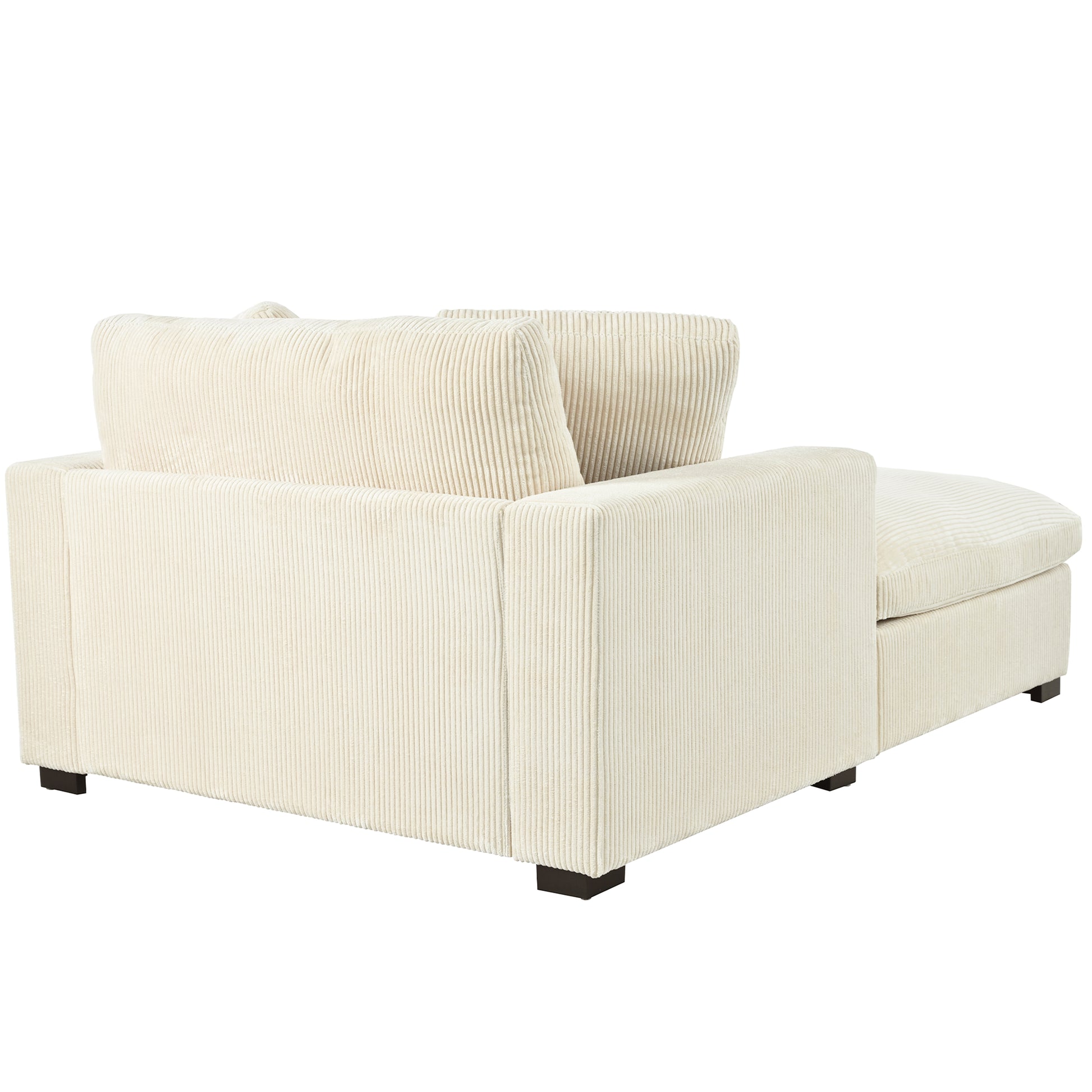 Cream corduroy sectional sofa with plush cushions and dark wooden feet