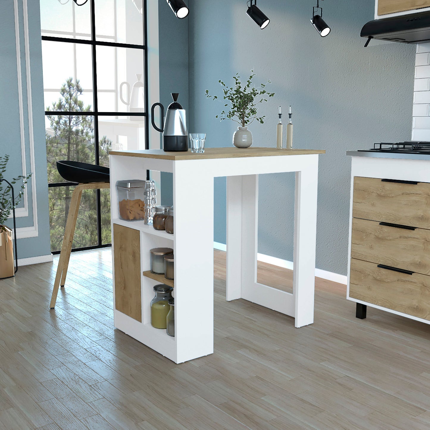 White and wood kitchen island with open shelves and storage compartments for food