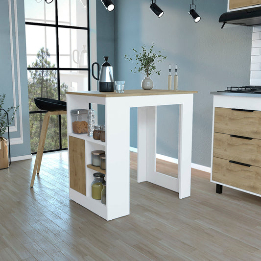 White and wood kitchen island with open shelves and storage compartments for food