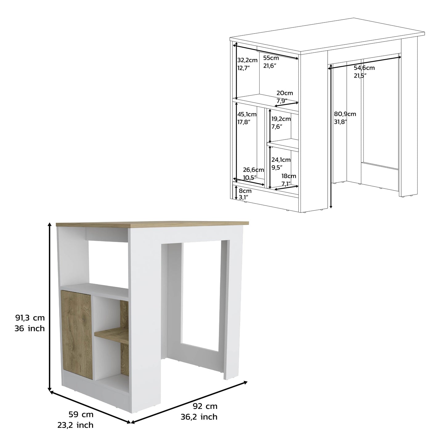 White and oak bar table with three shelves and a cabinet door