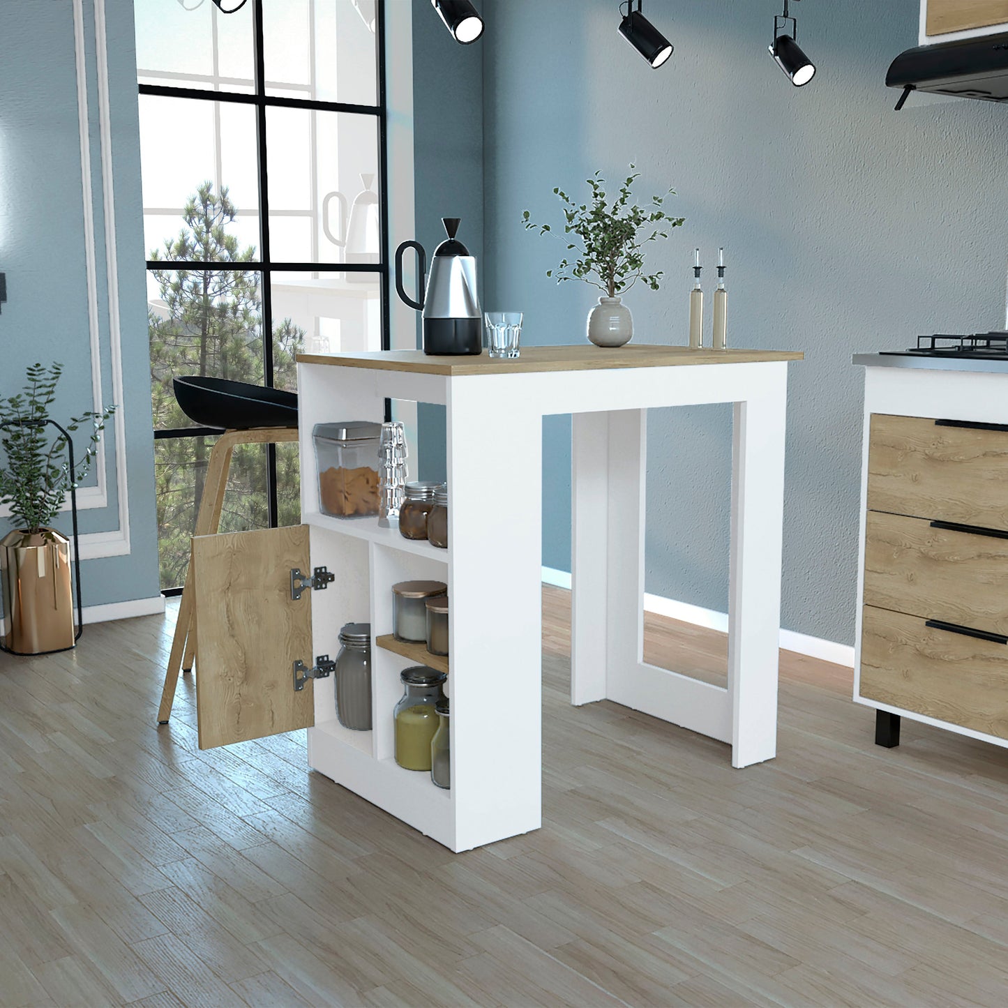 Modern white kitchen island with oak countertop and open shelving