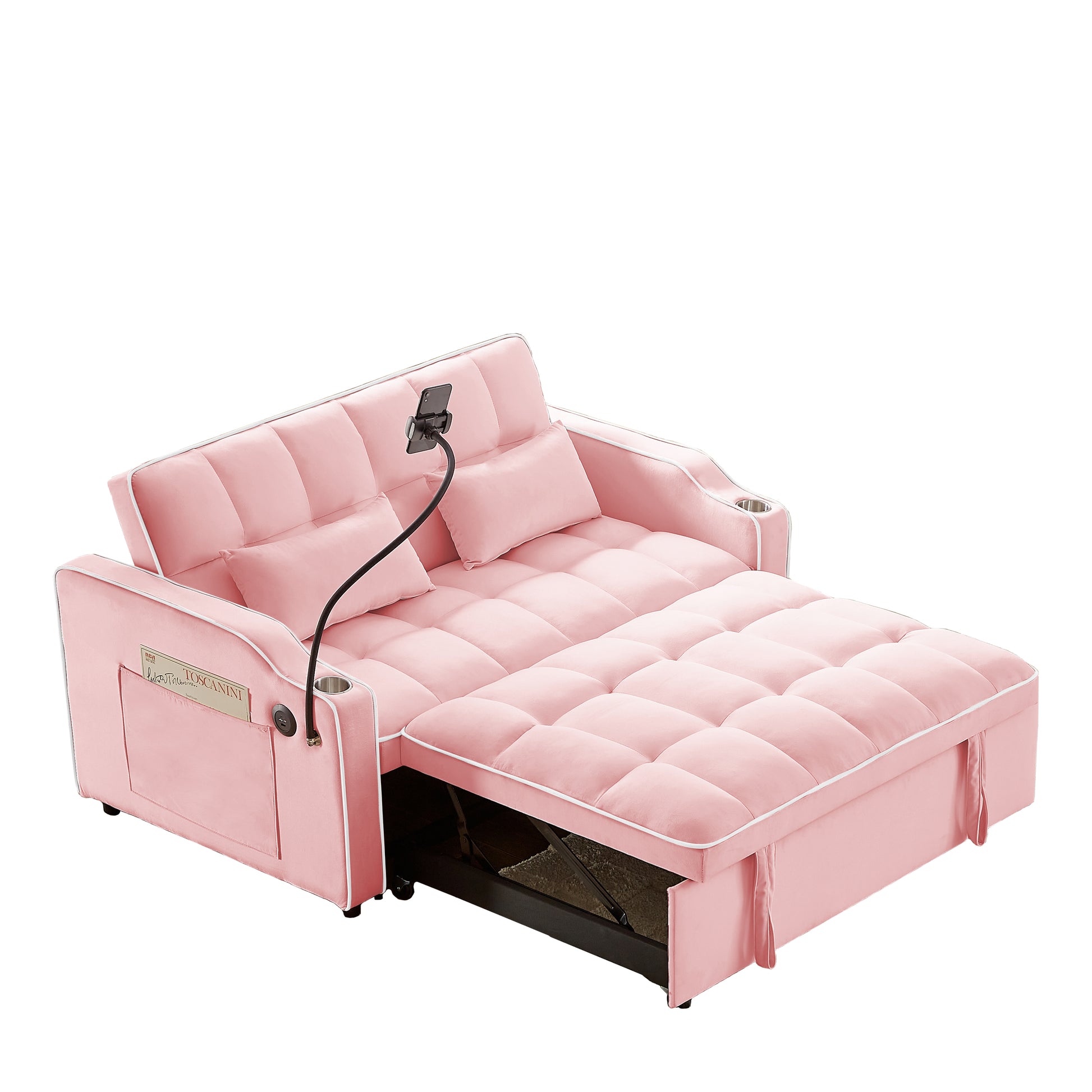 Pink velvet sofa bed with tufted cushions cupholders and phone mount