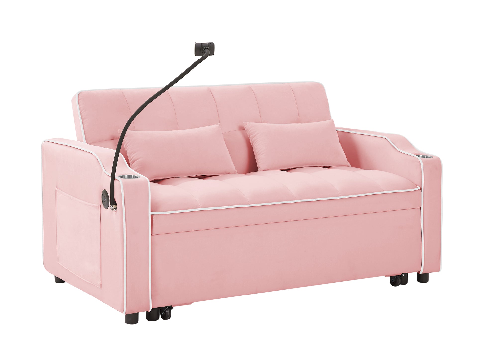 Pink velvet convertible sofa with tufted seat and adjustable reading lamp