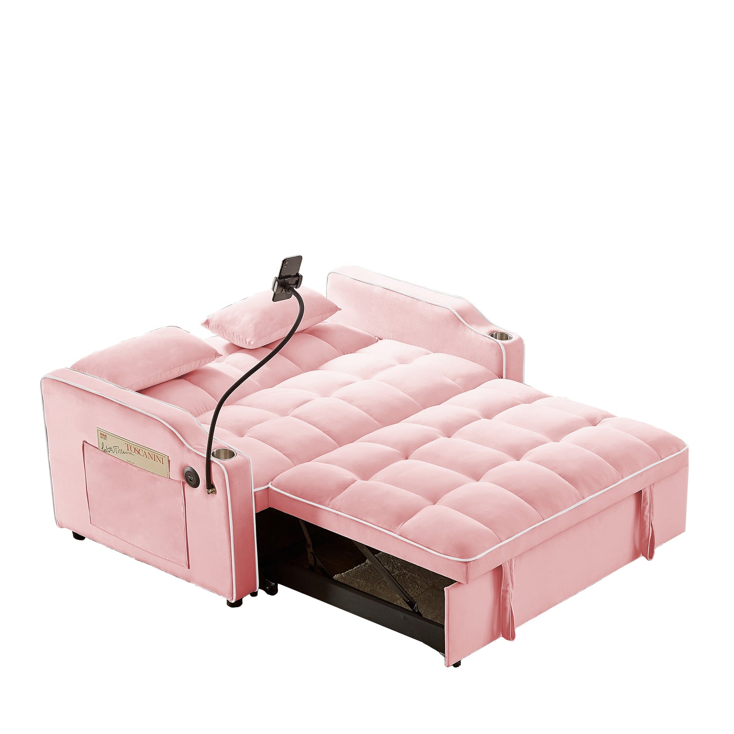 Plush pink velvet sleeper sofa with tufted cushions and white piping featuring cup holders and a phone mount