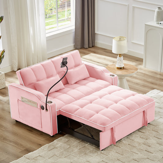 Pink velvet sofa bed with tufted cushions side storage and cup holders