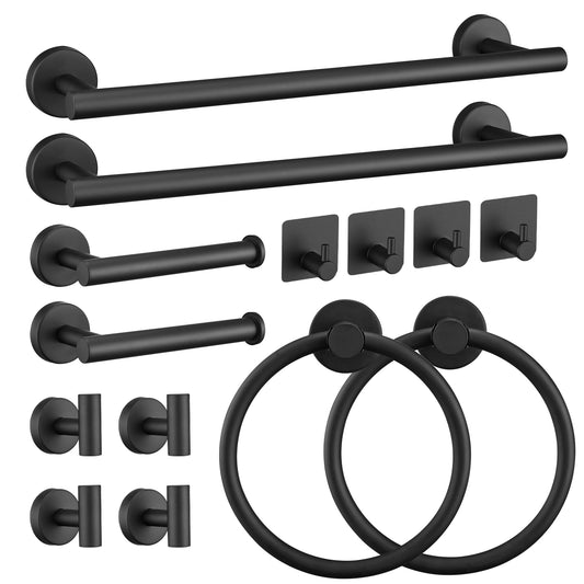 Black matte stainless steel towel bar set with two towel bars toilet paper holder and robe hooks