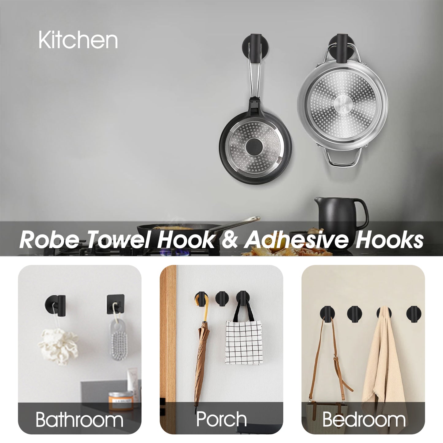 Black metal adhesive hook holding a frying pan in a kitchen setting
