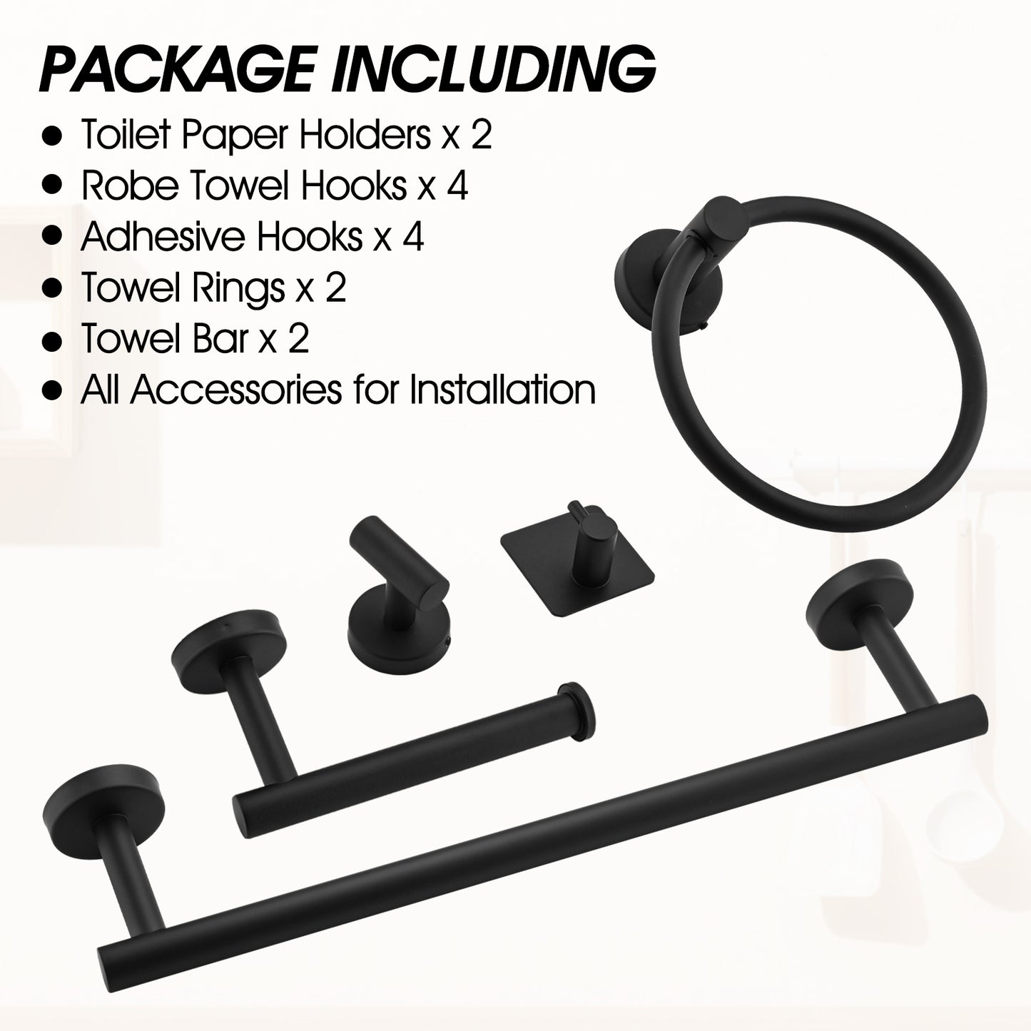 Black modern bathroom hardware set including towel bar robe hook and toilet paper holder