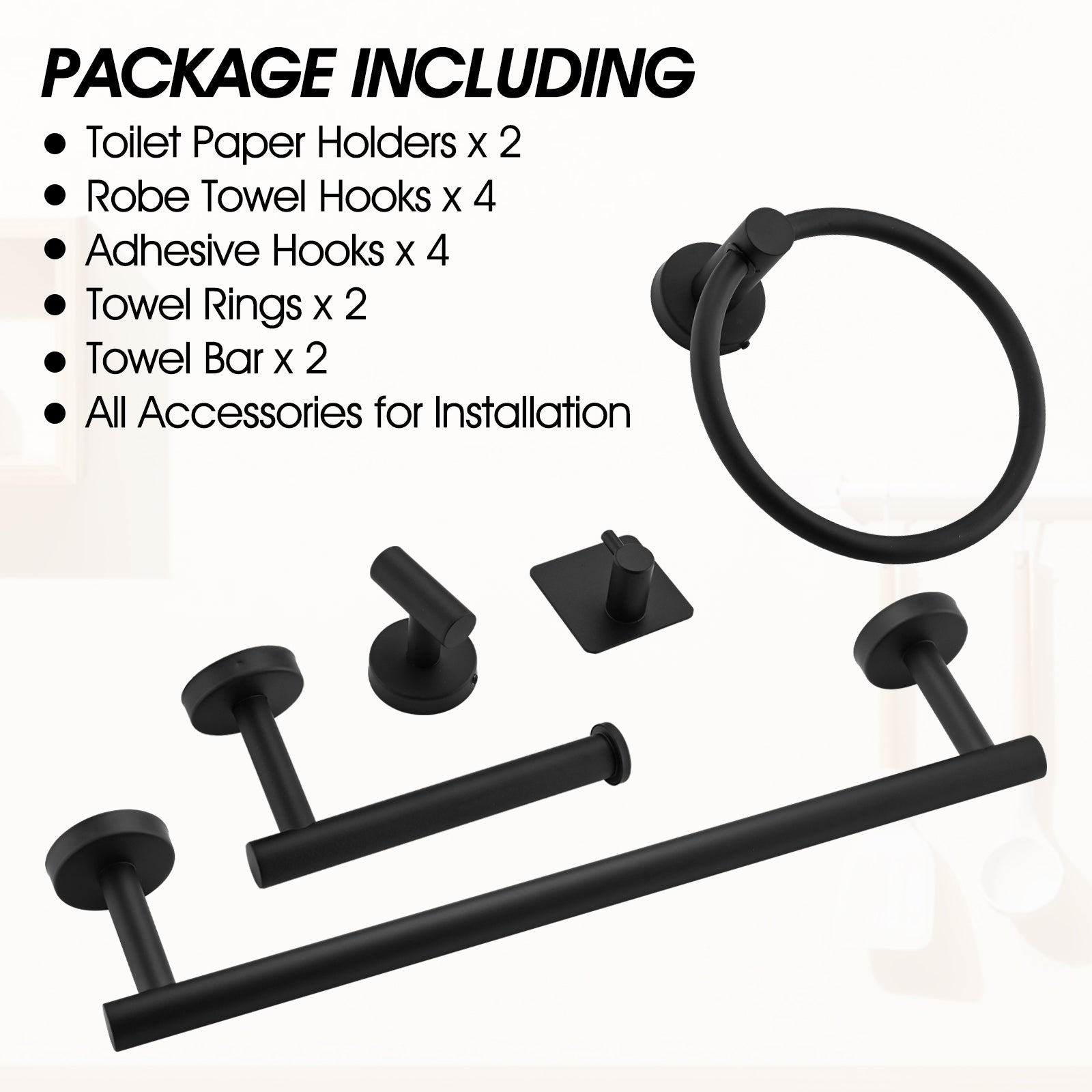 Black modern bathroom hardware set including towel bar robe hook and toilet paper holder