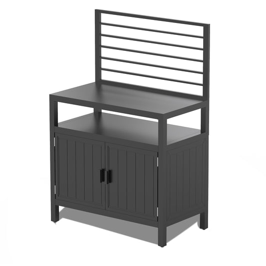 Dark gray metal outdoor cabinet with two doors and slatted backrest