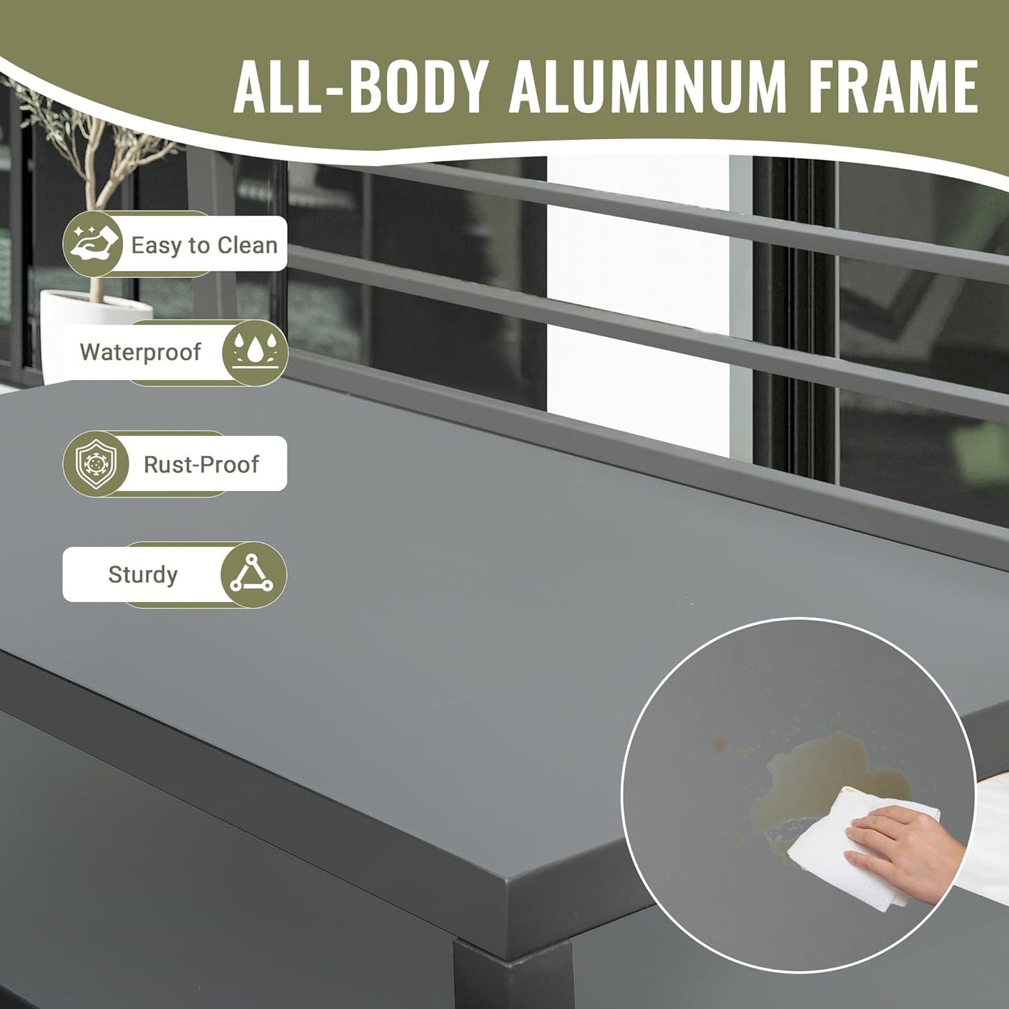 Gray aluminum frame outdoor table with easytoclean surface and waterproof design
